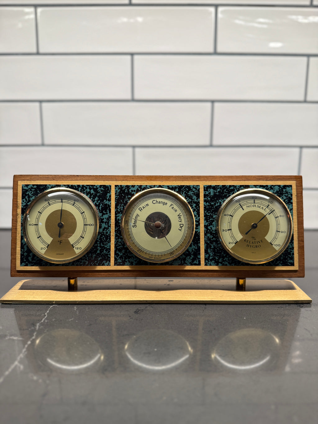 Mid-Century Airguide Teak & Brass Weather Station (Thermometer • Barometer • Hygrometer), c. 1960