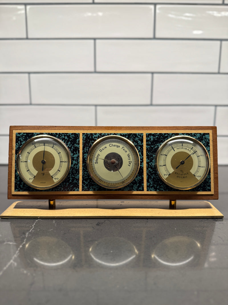Mid-Century Airguide Teak & Brass Weather Station (Thermometer • Barometer • Hygrometer), c. 1960
