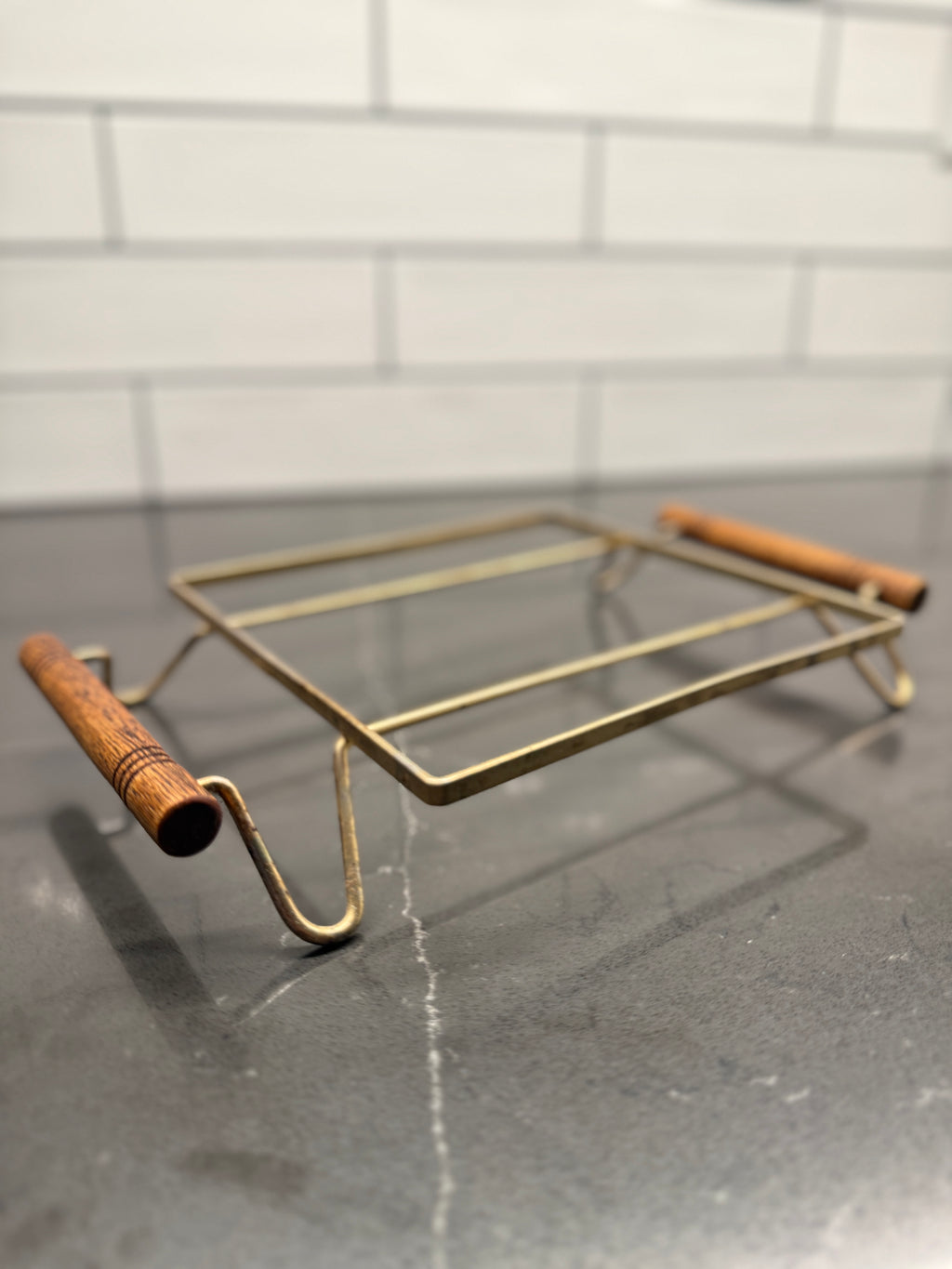 Mid-Century Modern Brass & Wood Handled Trivet / Serving Stand, c. 1955–1965