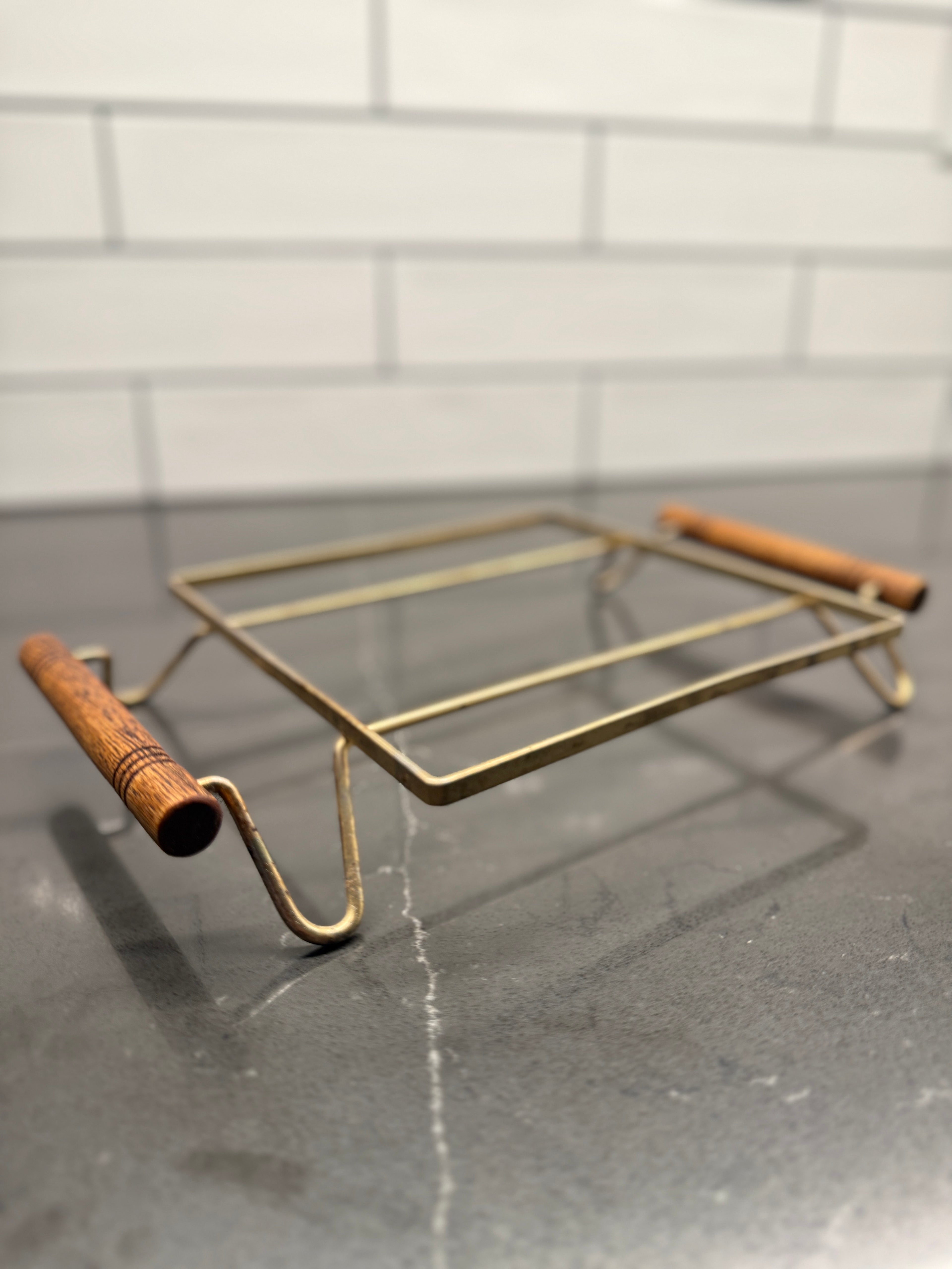 Mid-Century Modern Brass & Wood Handled Trivet / Serving Stand, c. 1955–1965