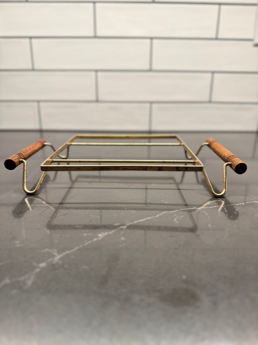 Mid-Century Modern Brass & Wood Handled Trivet / Serving Stand, c. 1955–1965