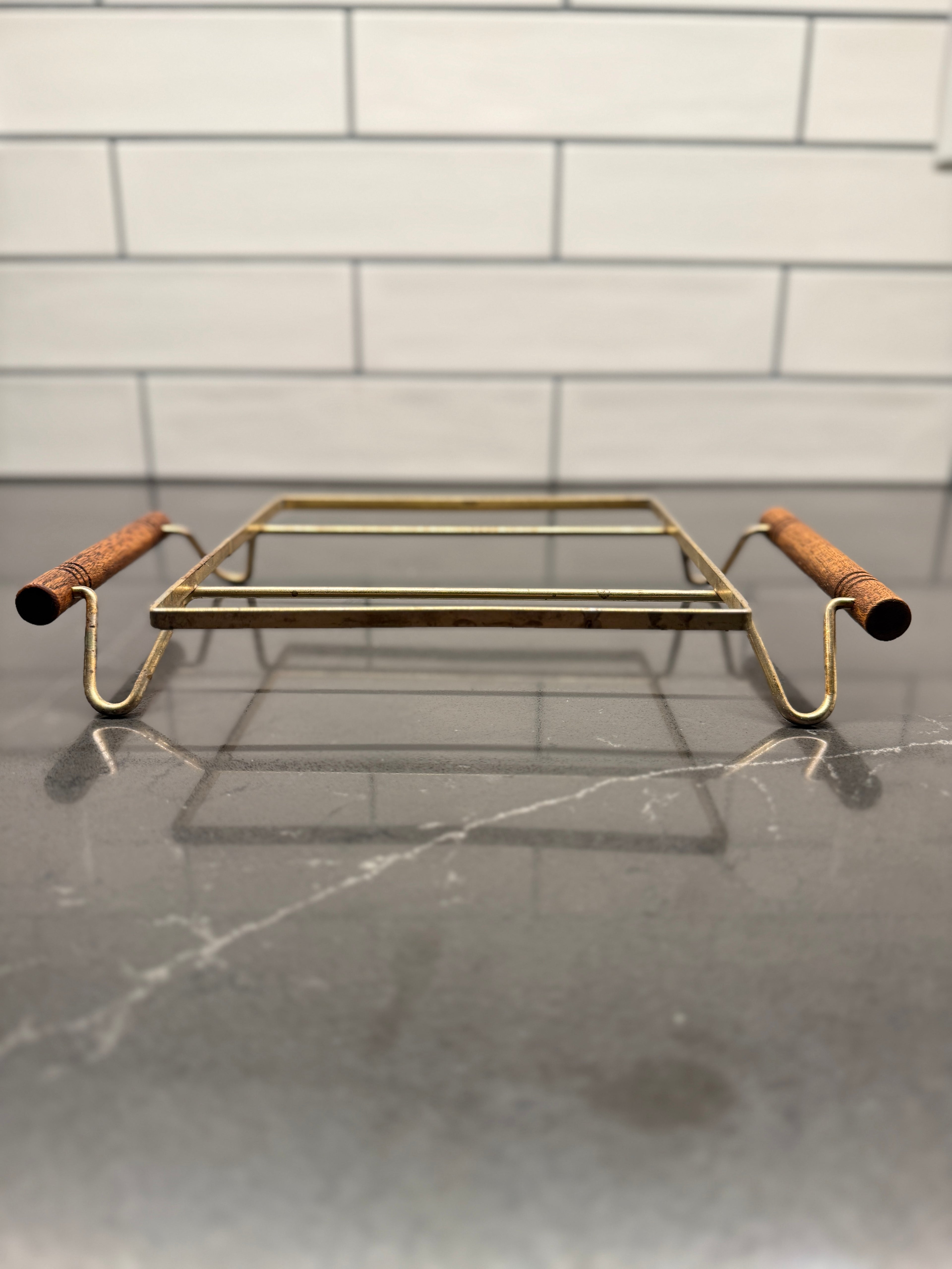 Mid-Century Modern Brass & Wood Handled Trivet / Serving Stand, c. 1955–1965