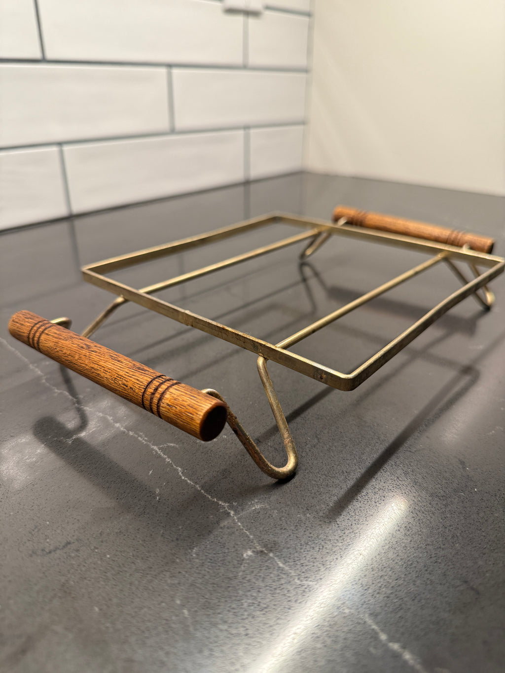 Mid-Century Modern Brass & Wood Handled Trivet / Serving Stand, c. 1955–1965