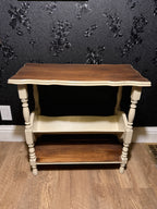 Early American Console with Book Trough (c. 1948–1955) — Serpentine Top, Turned Legs, Two-Tone Charm