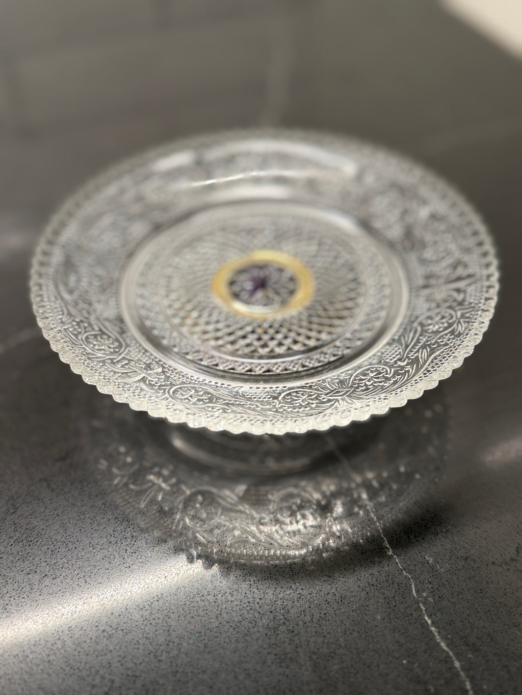 Pressed Glass Pedestal Cake Stand with Gilt Center Medallion, c. 1950s