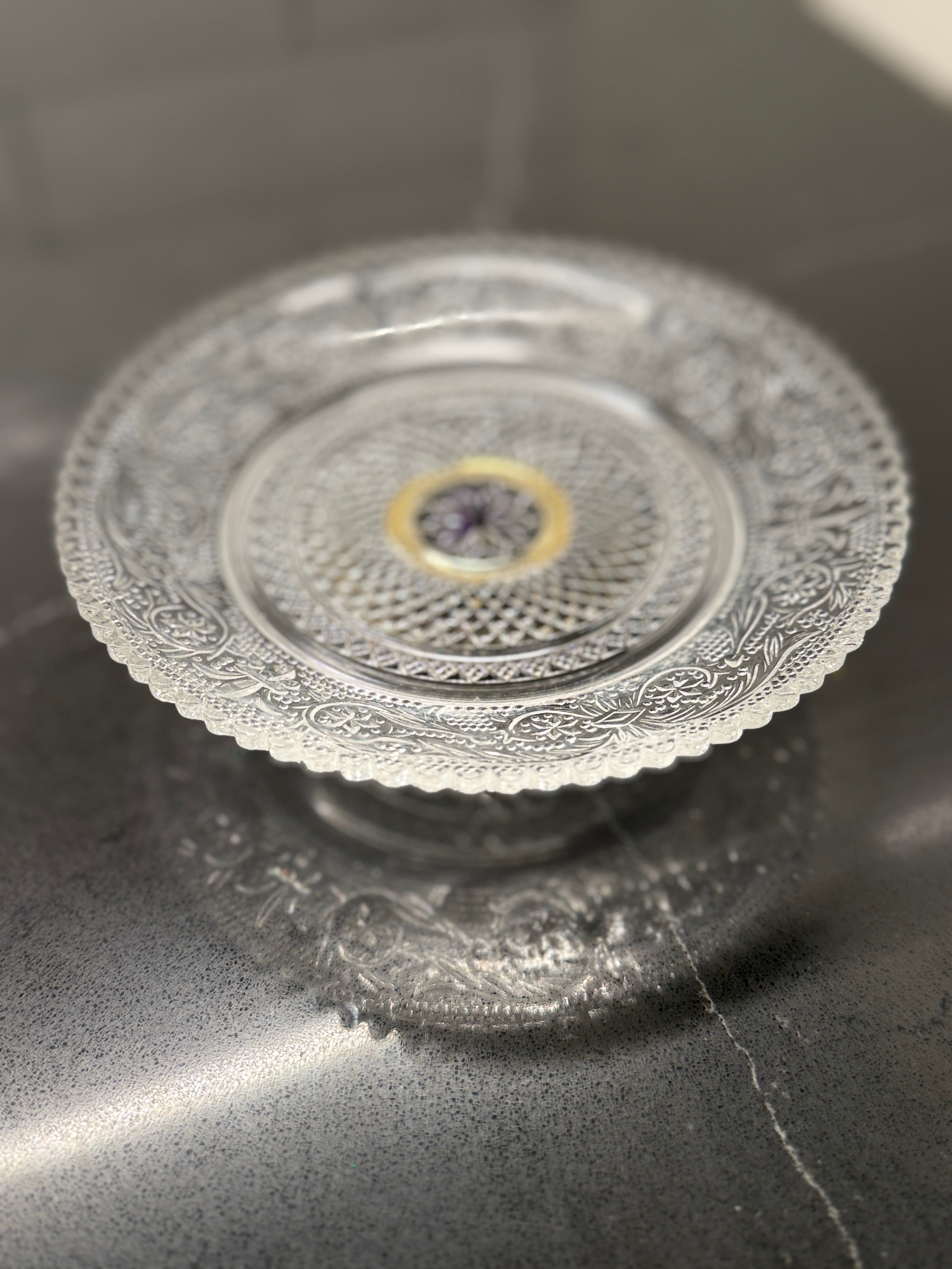 Pressed Glass Pedestal Cake Stand with Gilt Center Medallion, c. 1950s