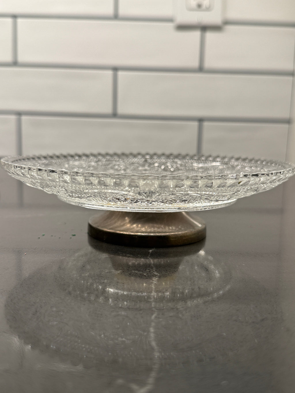 Pressed Glass Pedestal Cake Stand with Gilt Center Medallion, c. 1950s