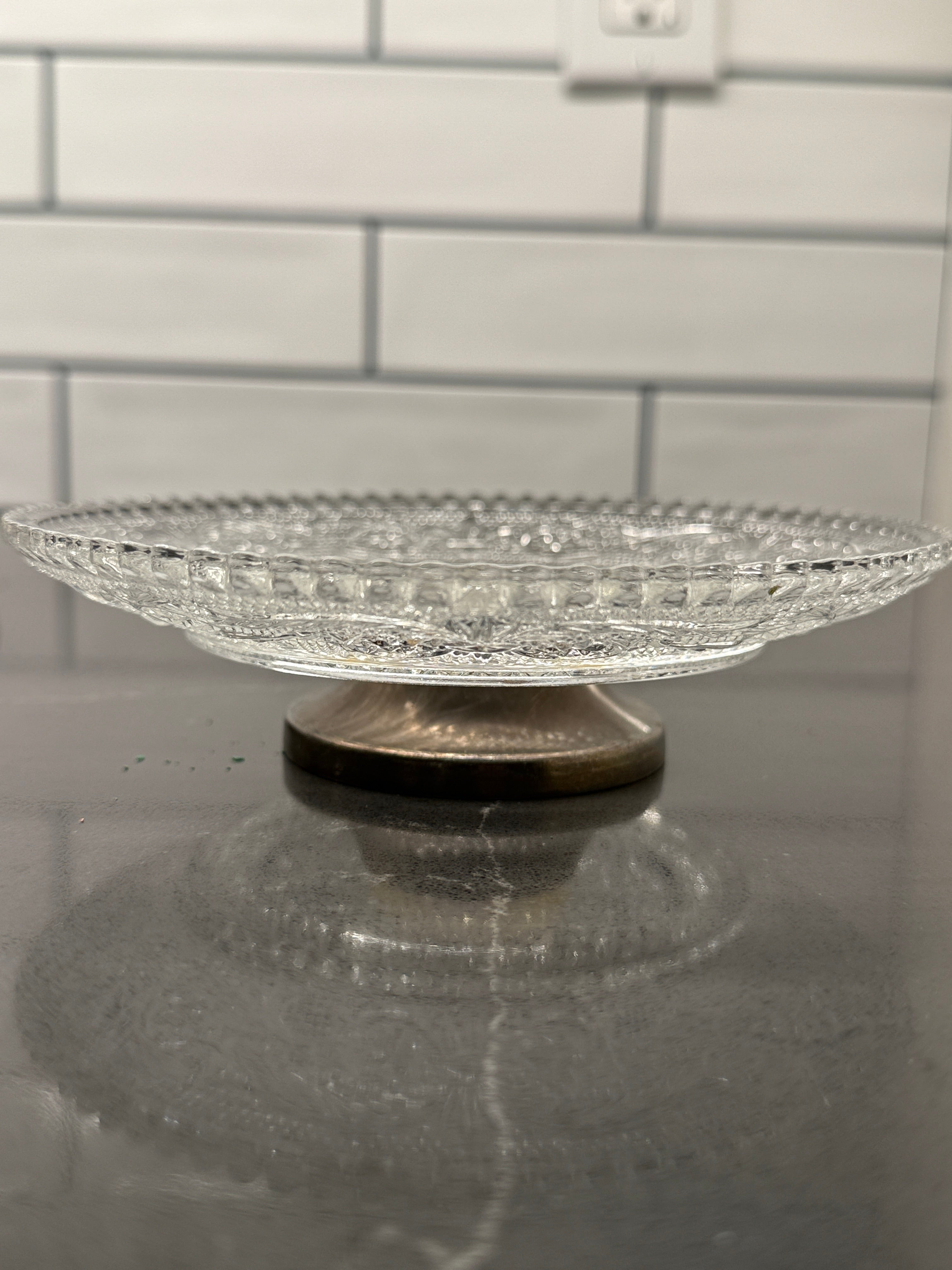 Pressed Glass Pedestal Cake Stand with Gilt Center Medallion, c. 1950s