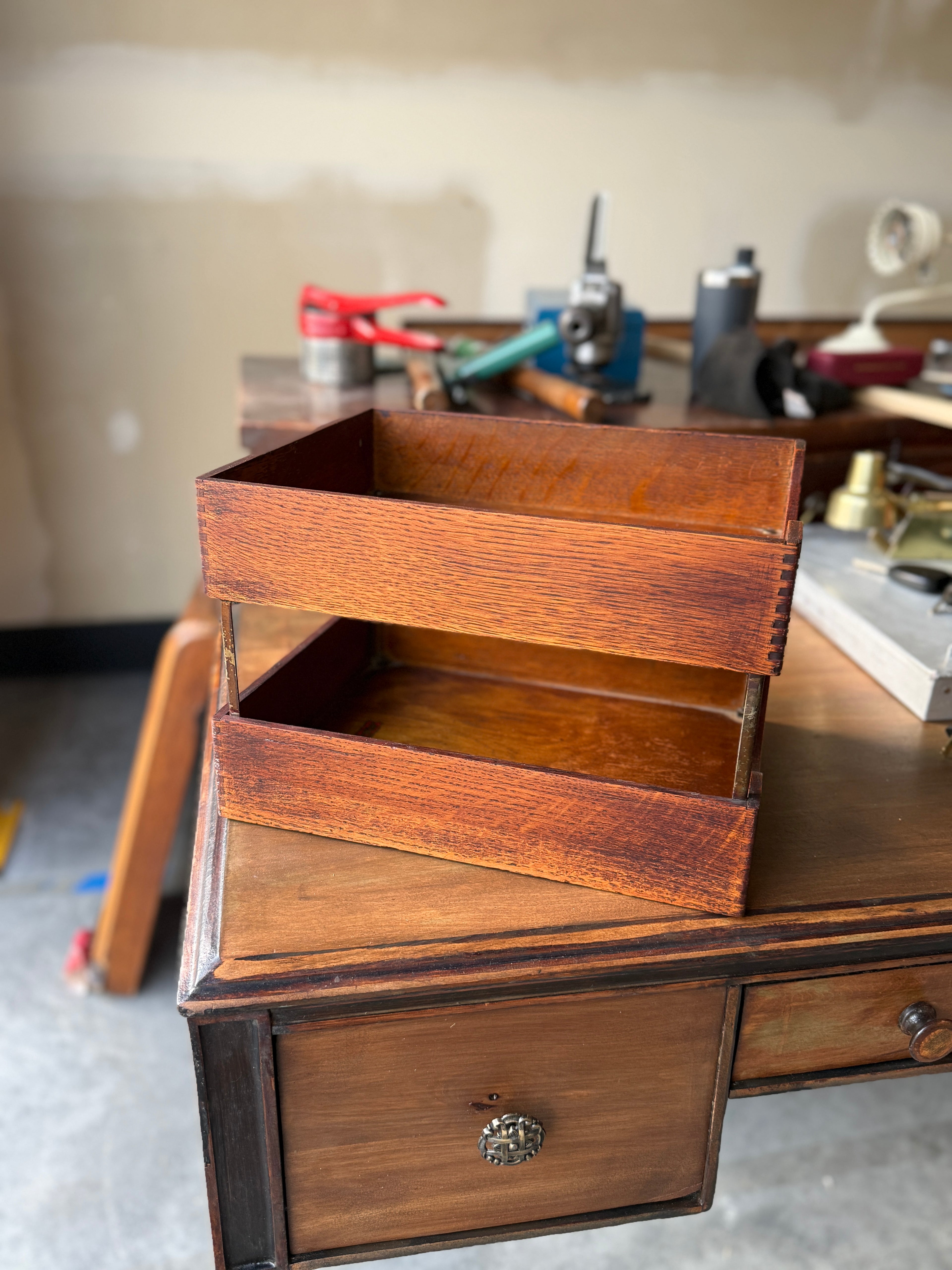 Antique Weis Manufacturing Co. Two-Tier Wood Letter Tray, c. 1920s–1940s