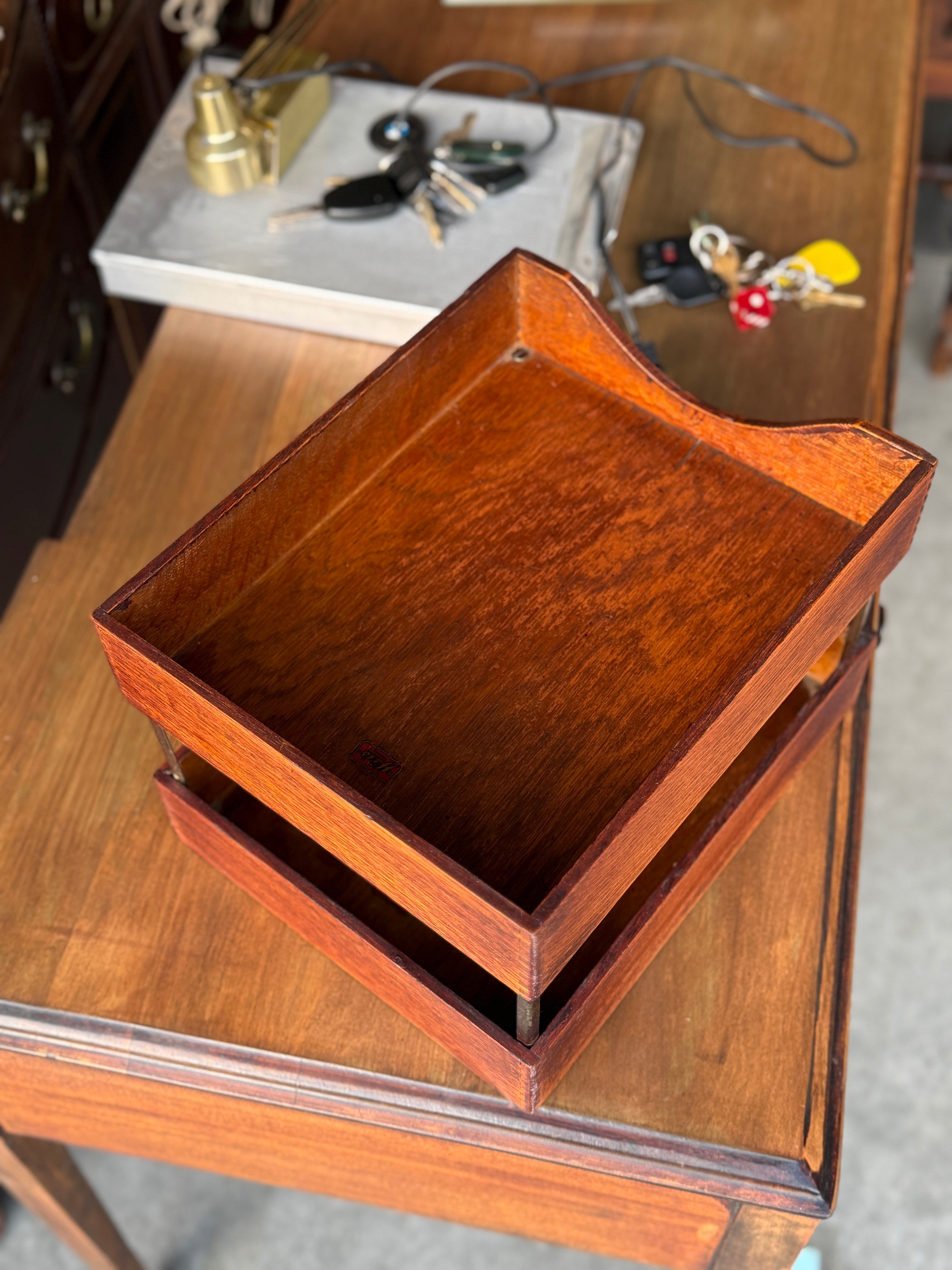 Antique Weis Manufacturing Co. Two-Tier Wood Letter Tray, c. 1920s–1940s