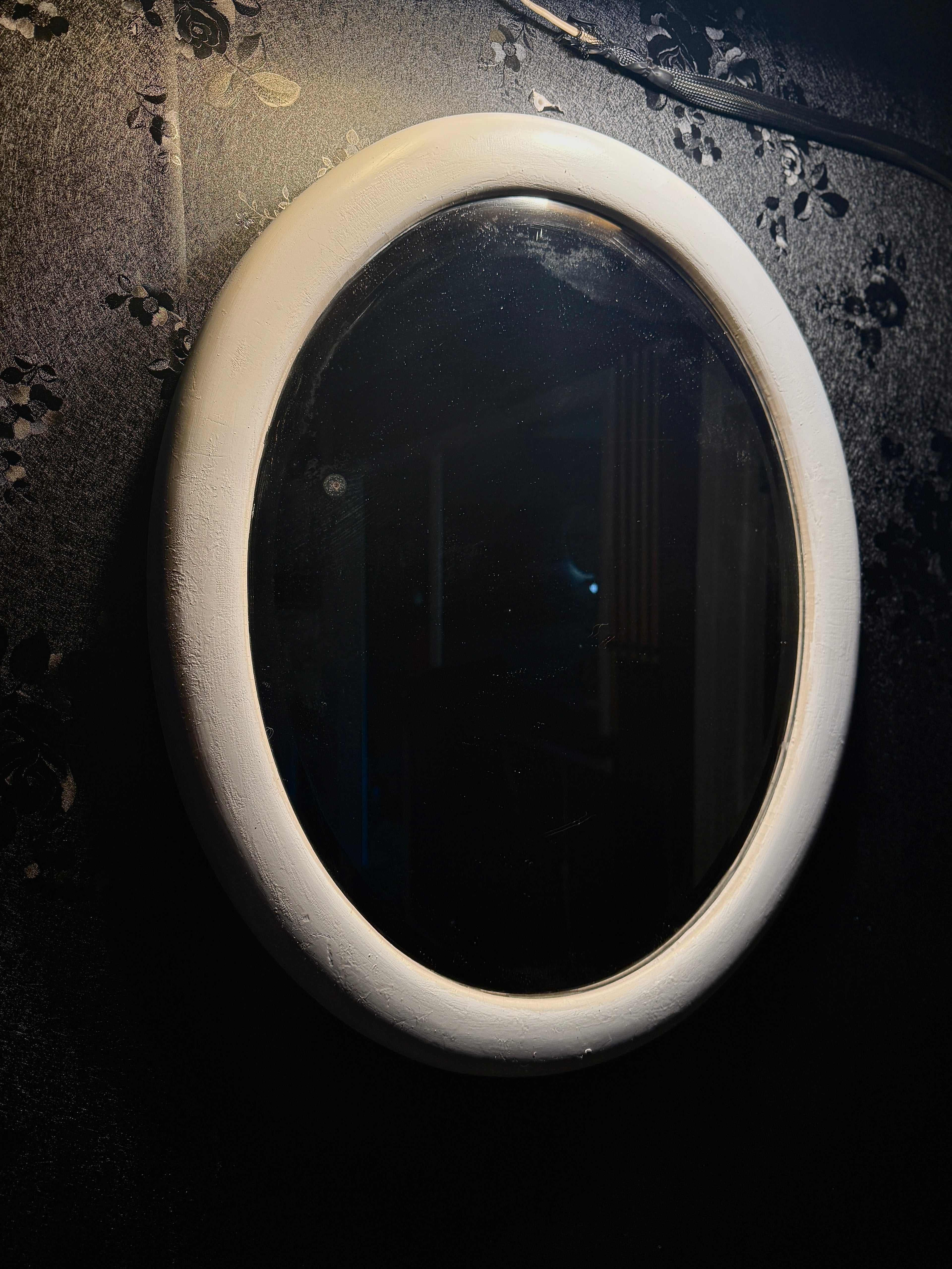 Streamline Oval Wall Mirror in Original White Enamel, c 1935-1939