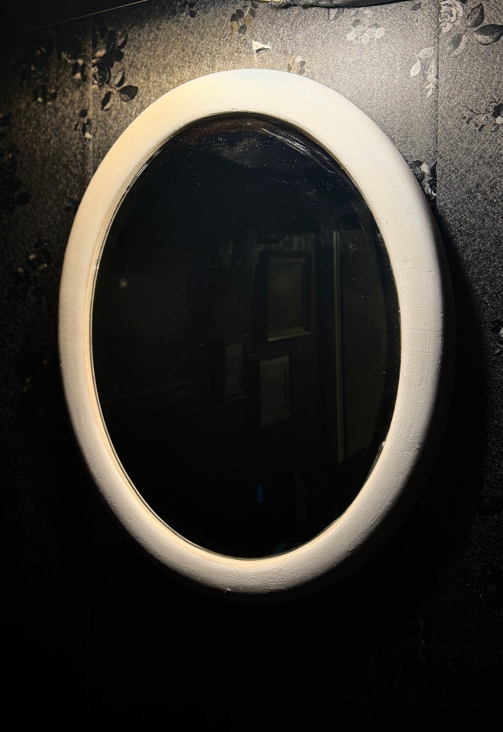 Streamline Oval Wall Mirror in Original White Enamel, c 1935-1939