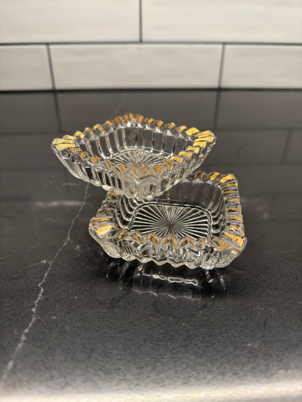 Pair of Gilt-Rim Pressed Glass Vanity Dishes or Ashtrays— Midcentury Modern, c. 1940–1955