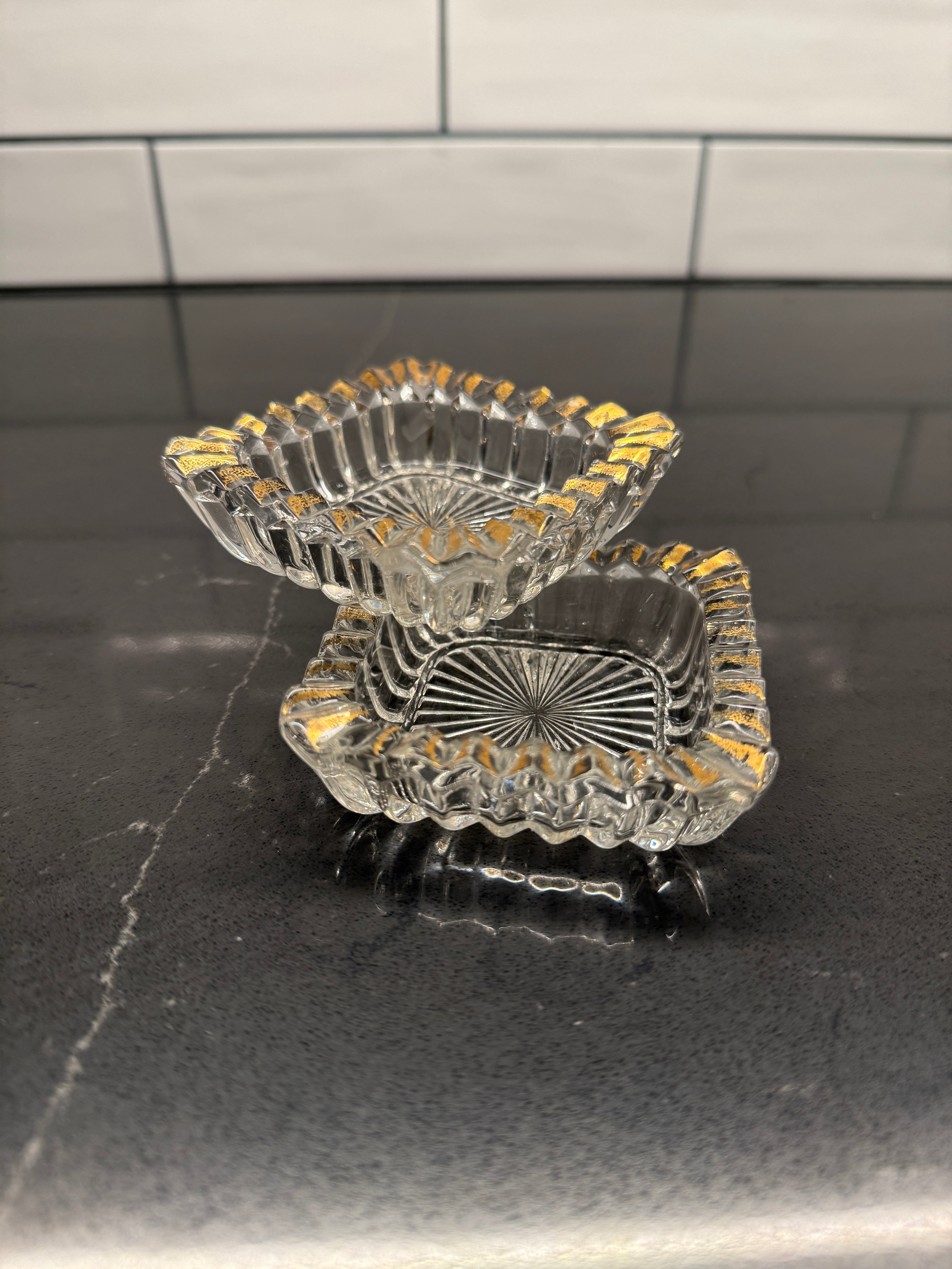 Pair of Gilt-Rim Pressed Glass Vanity Dishes or Ashtrays— Midcentury Modern, c. 1940–1955