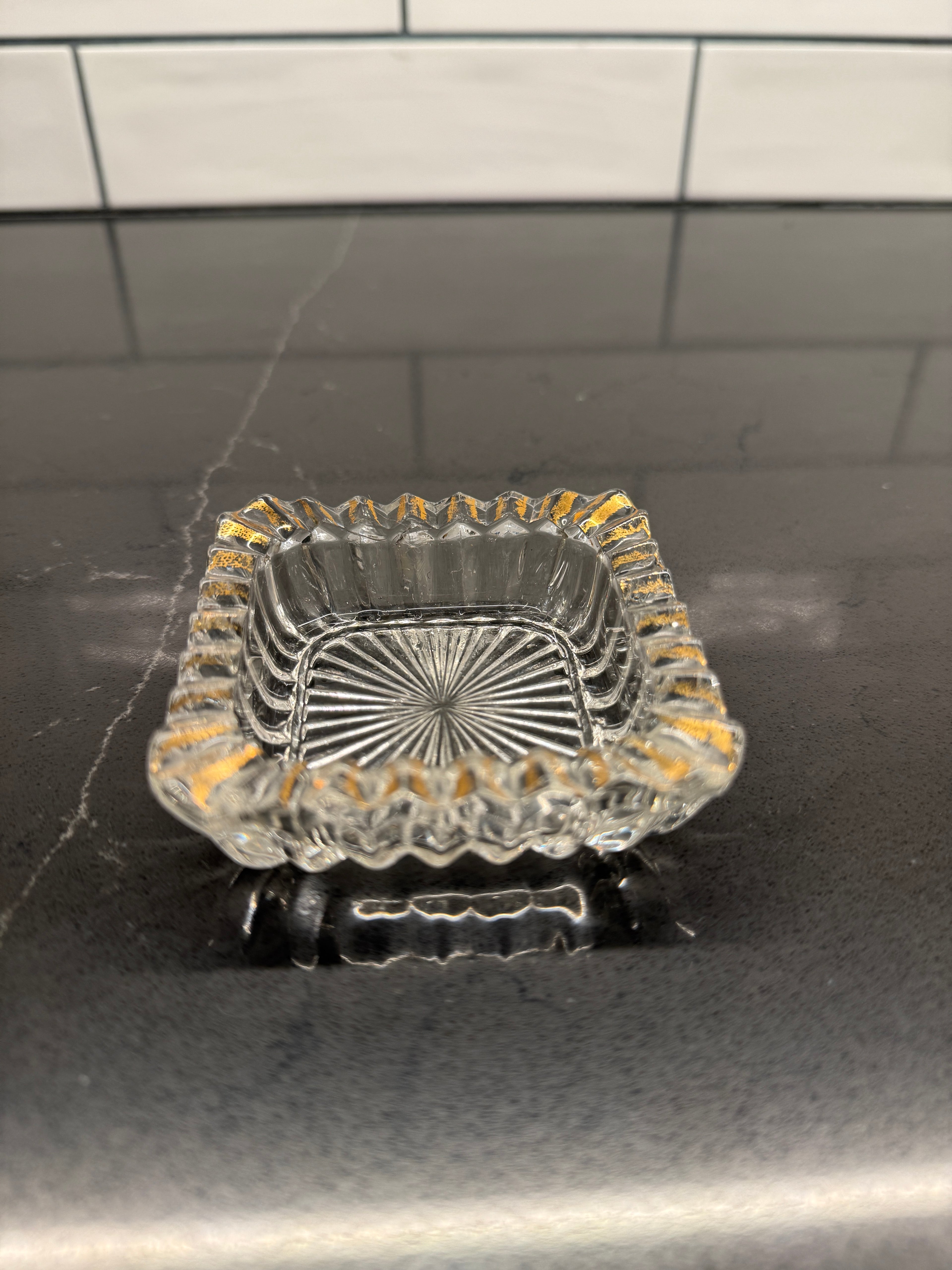 Pair of Gilt-Rim Pressed Glass Vanity Dishes or Ashtrays— Midcentury Modern, c. 1940–1955