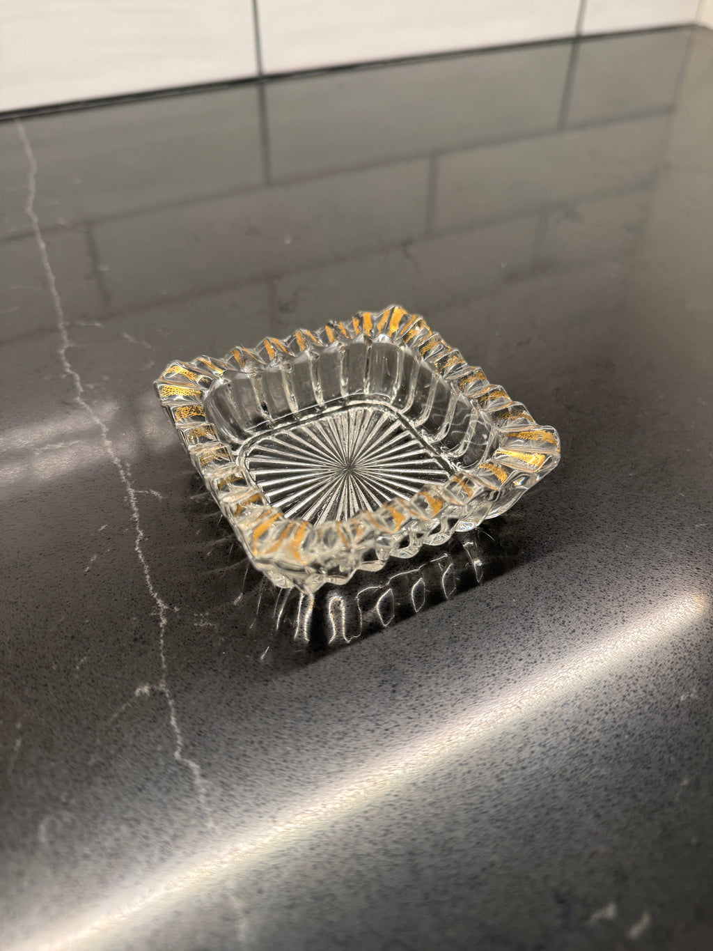 Pair of Gilt-Rim Pressed Glass Vanity Dishes or Ashtrays— Midcentury Modern, c. 1940–1955