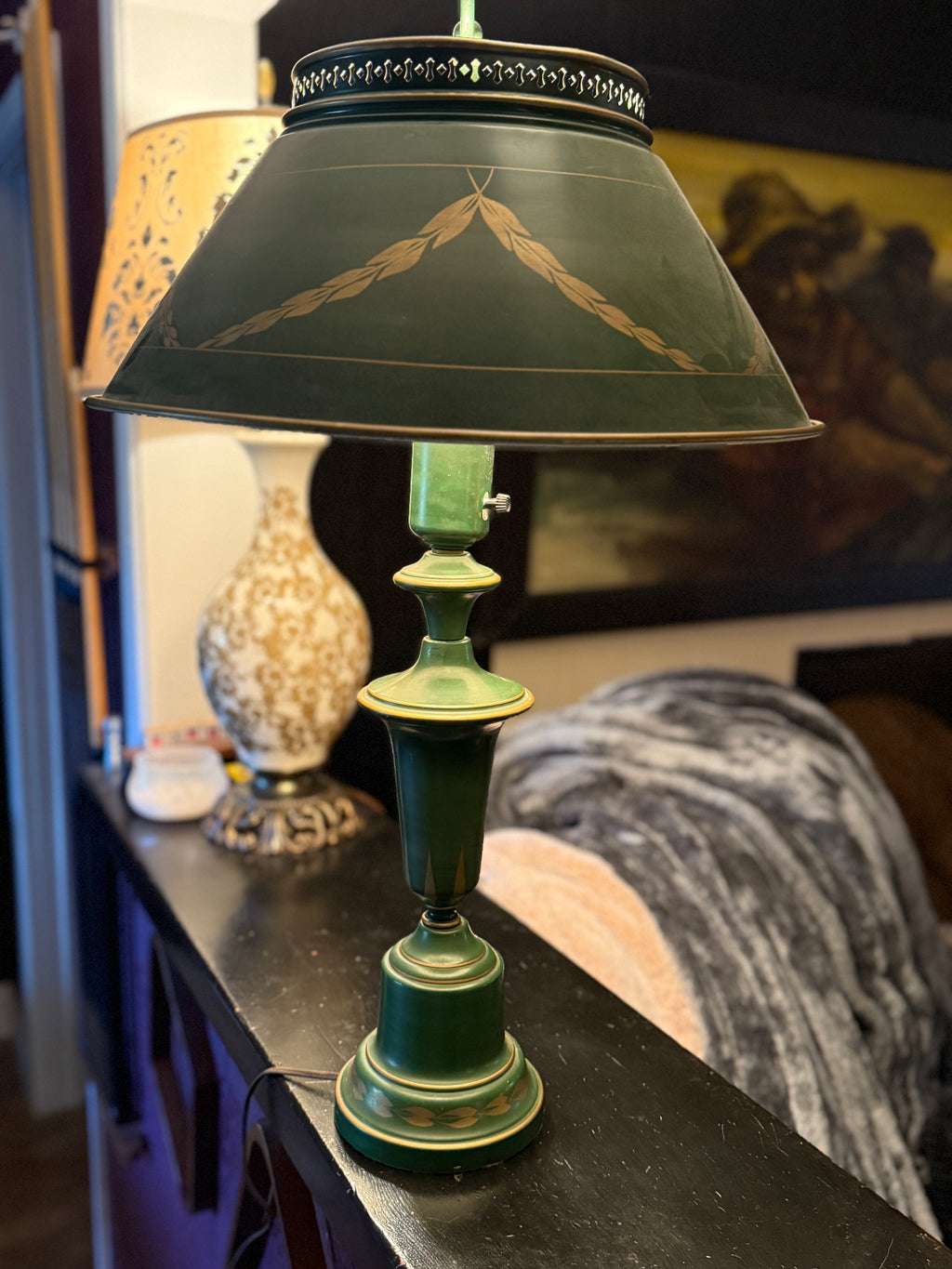 Vintage Emerald Green Toleware Table Lamp with Metal Shade, c. 1950s