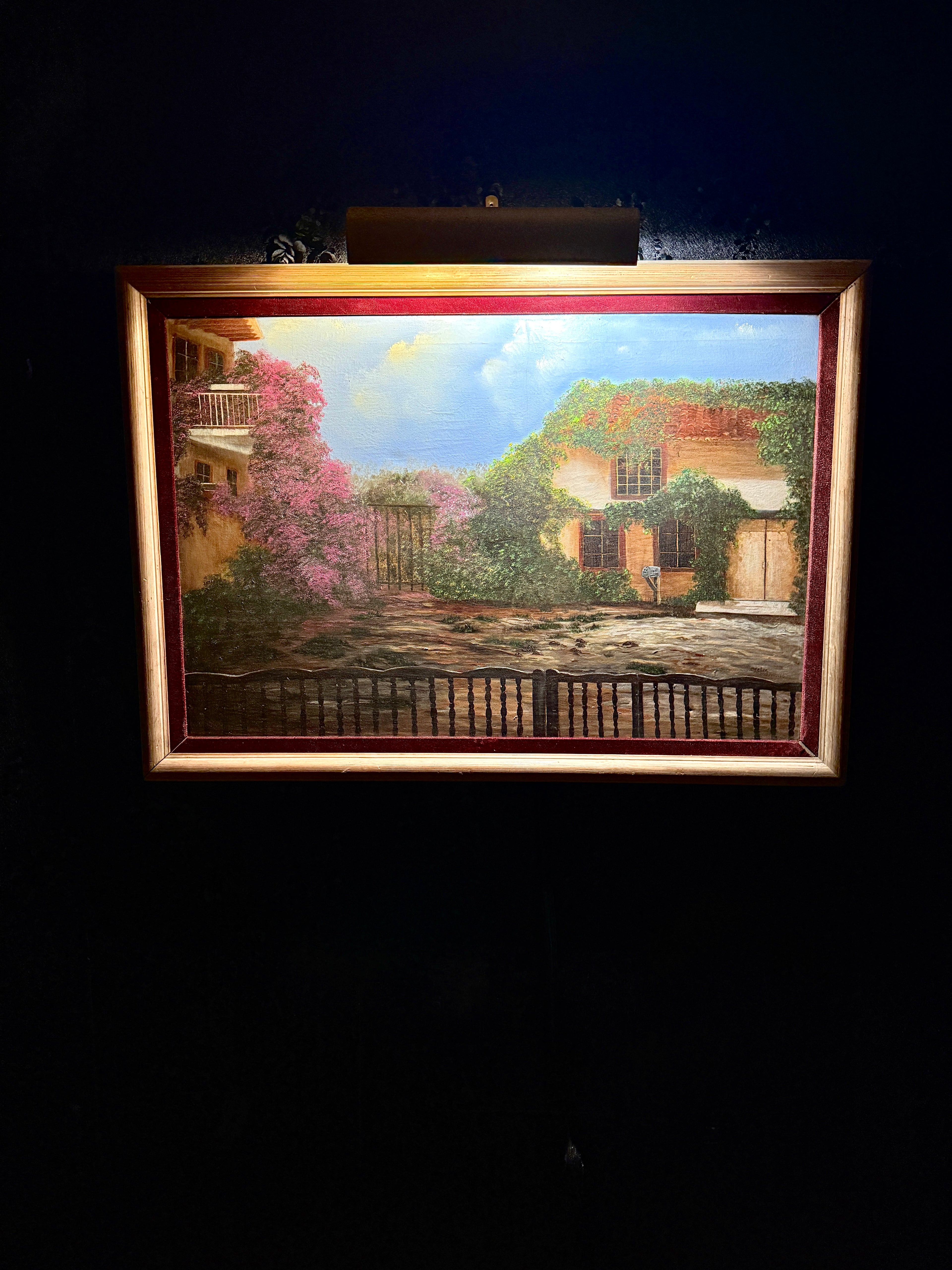 Mid-Century Mediterranean Courtyard Oil Painting by Ofelia Wesdeill, c. 1955–1960