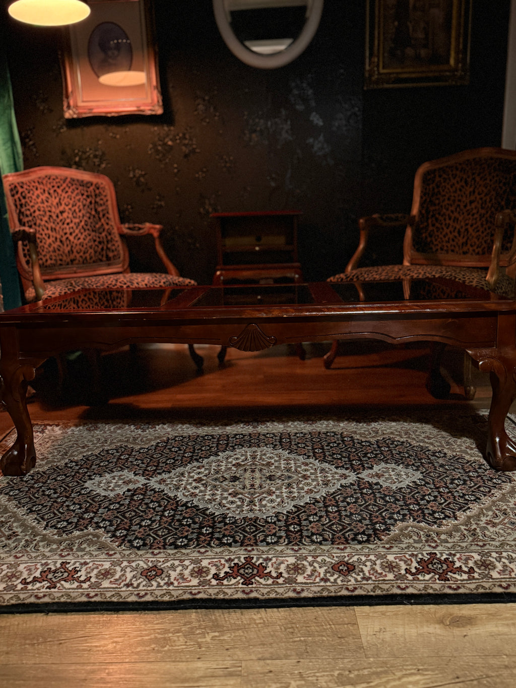 Mid-Century Queen Anne Revival Mahogany Coffee Table with Beveled Glass Insets, c.1950–1955