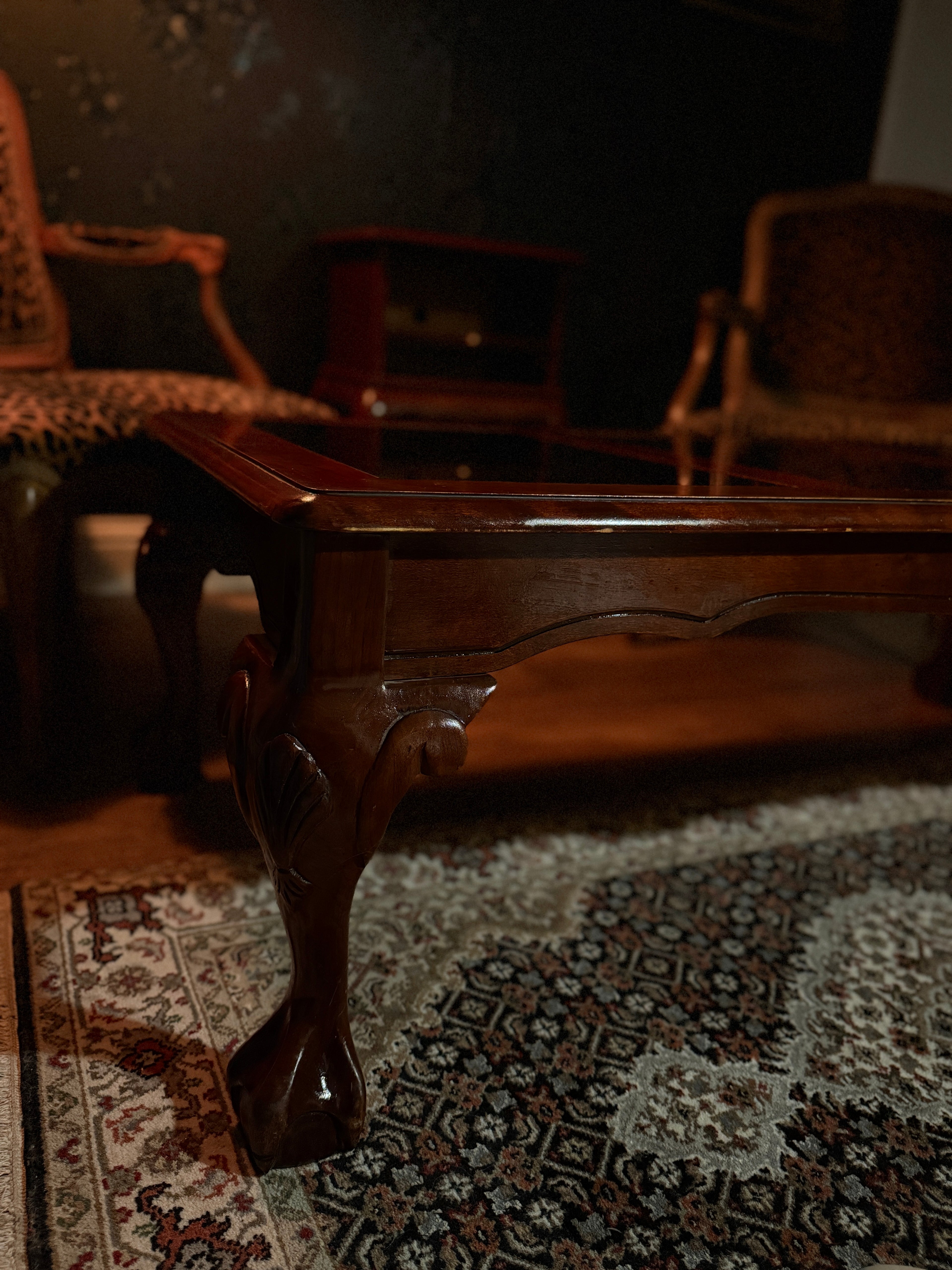 Mid-Century Queen Anne Revival Mahogany Coffee Table with Beveled Glass Insets, c.1950–1955