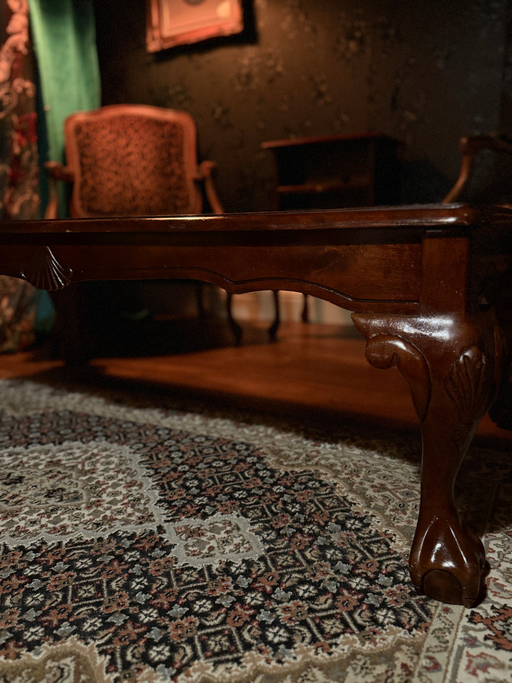 Mid-Century Queen Anne Revival Mahogany Coffee Table with Beveled Glass Insets, c.1950–1955