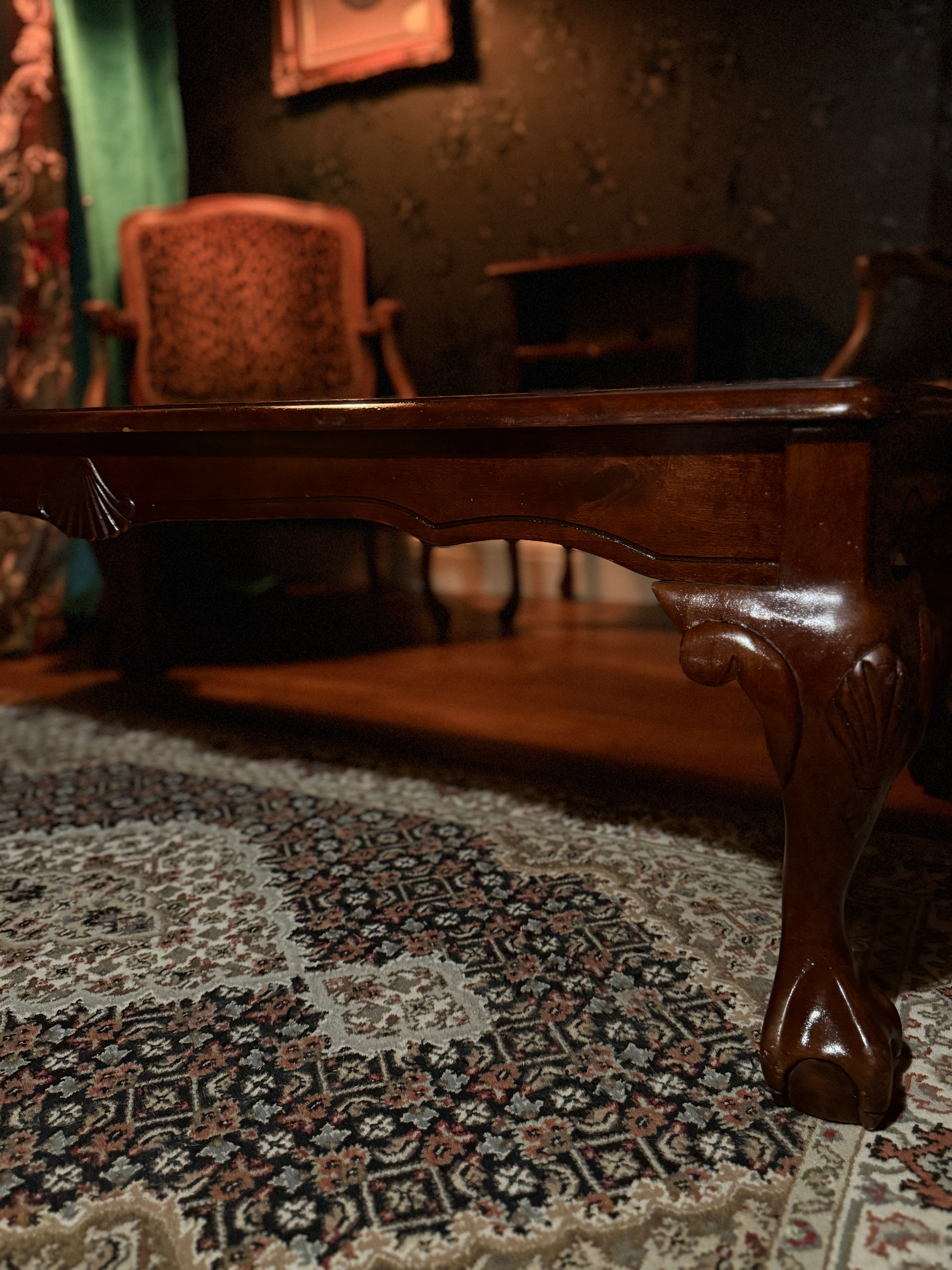 Mid-Century Queen Anne Revival Mahogany Coffee Table with Beveled Glass Insets, c.1950–1955