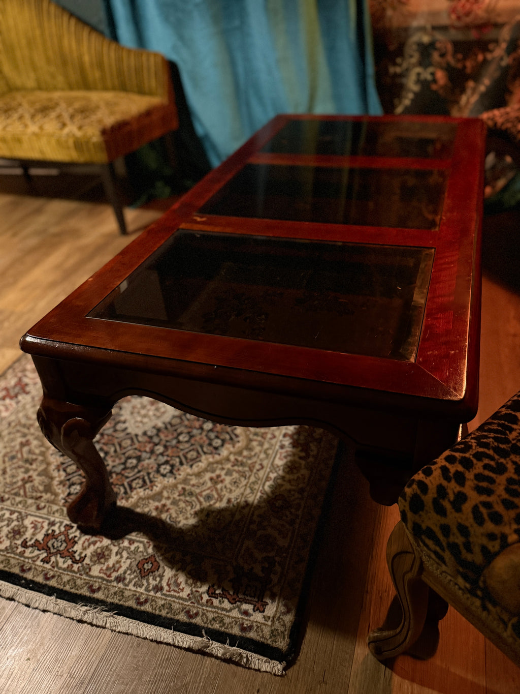 Mid-Century Queen Anne Revival Mahogany Coffee Table with Beveled Glass Insets, c.1950–1955
