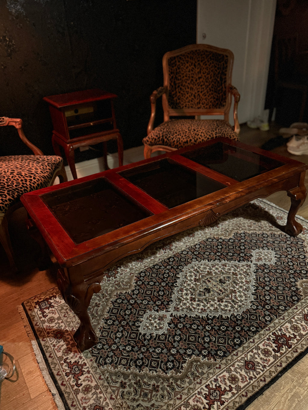 Mid-Century Queen Anne Revival Mahogany Coffee Table with Beveled Glass Insets, c.1950–1955