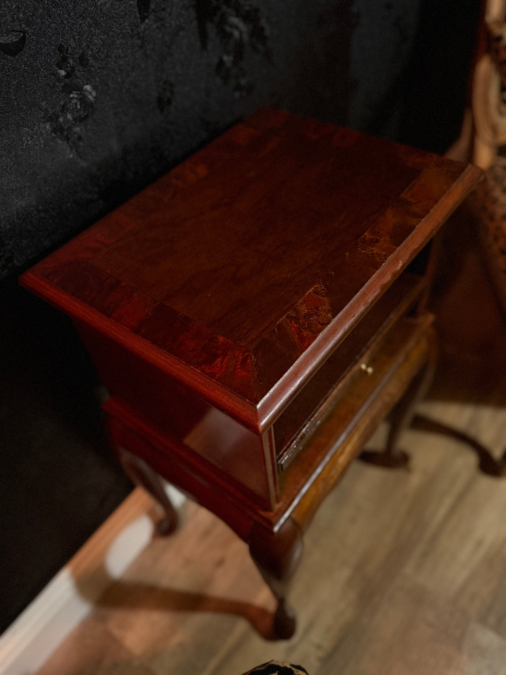 Queen Anne Revival Mahogany Nightstand with Slide-Out Shelf, c.1955