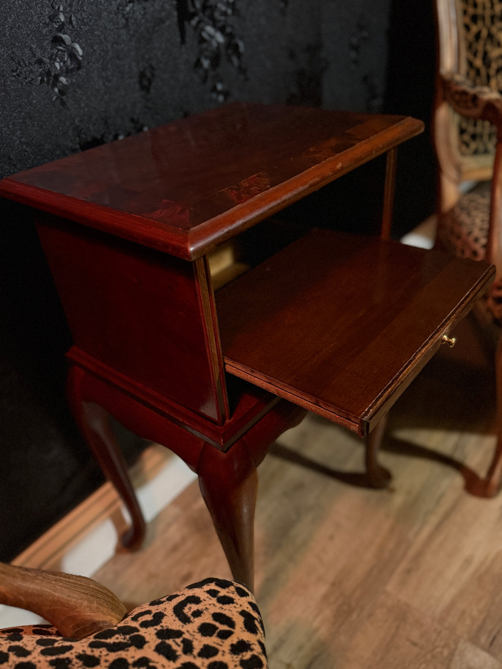 Queen Anne Revival Mahogany Nightstand with Slide-Out Shelf, c.1955
