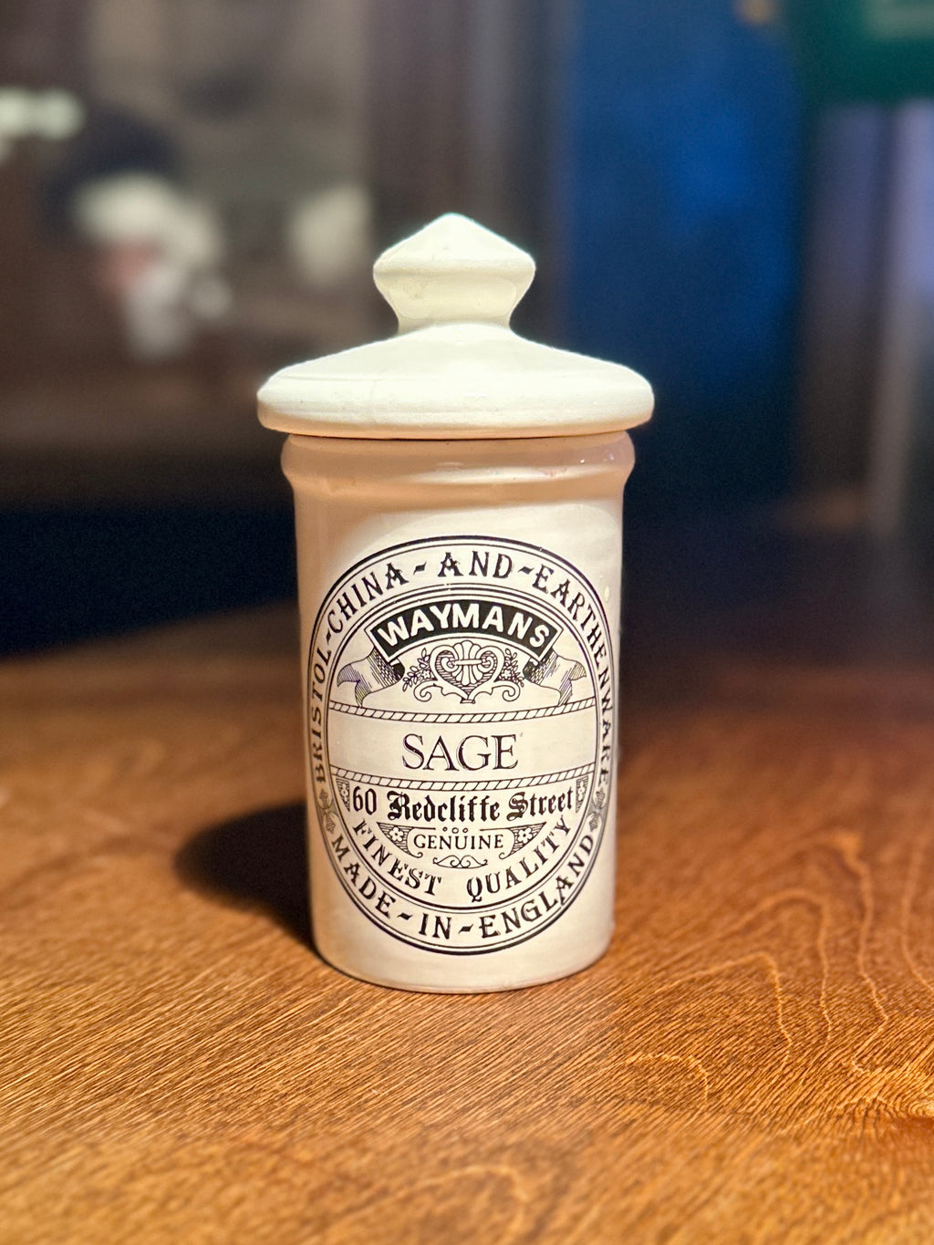 Antique English Apothecary Sage Jar with Lid, Waymans, c. 1890–1910