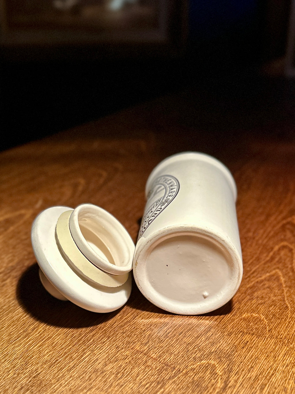 Antique English Apothecary Sage Jar with Lid, Waymans, c. 1890–1910