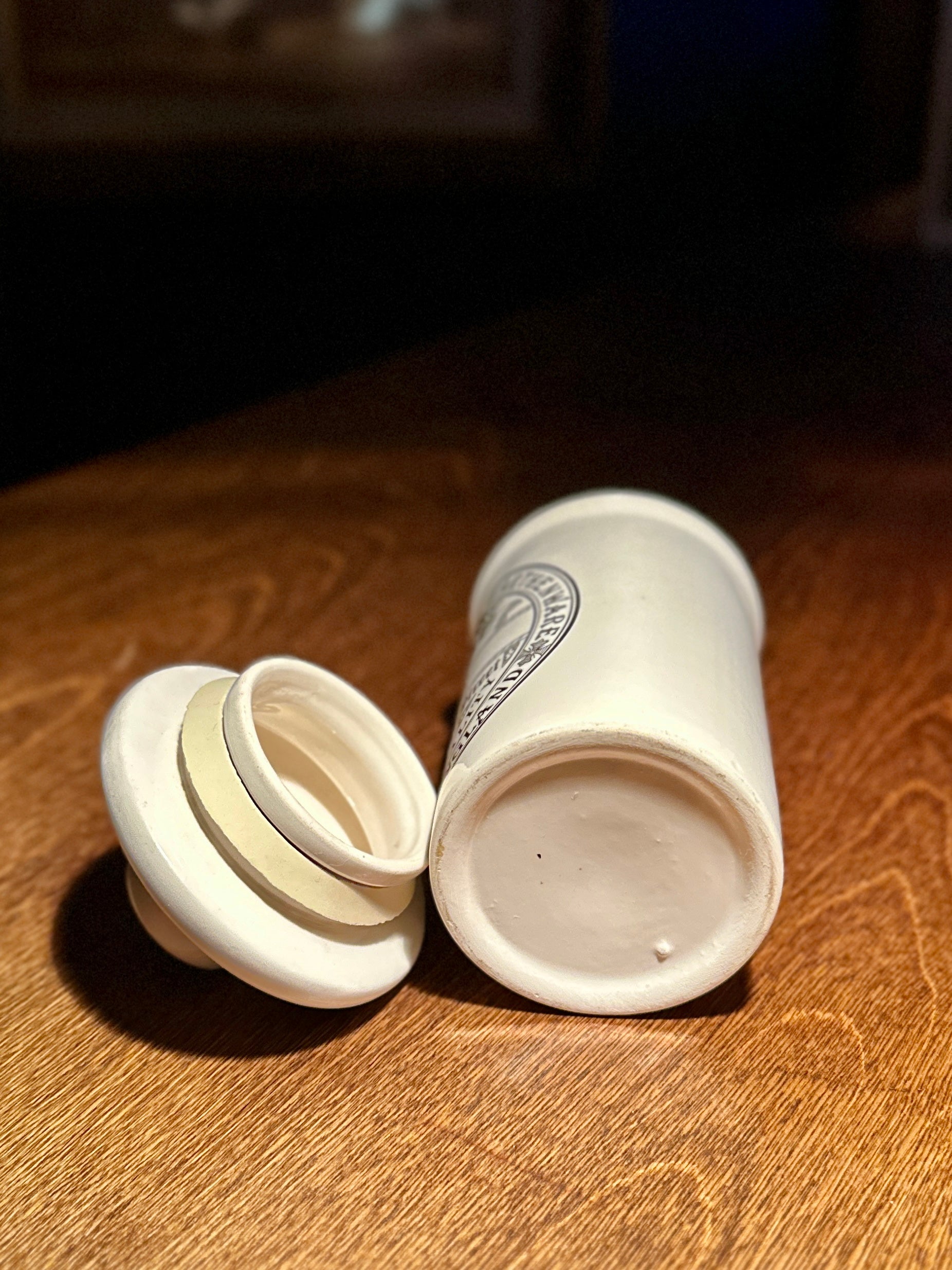 Antique English Apothecary Sage Jar with Lid, Waymans, c. 1890–1910