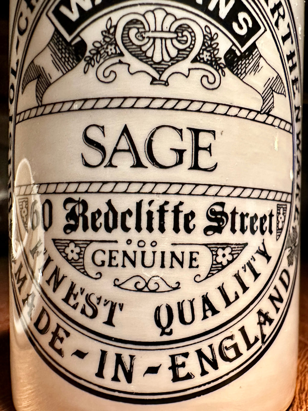 Antique English Apothecary Sage Jar with Lid, Waymans, c. 1890–1910