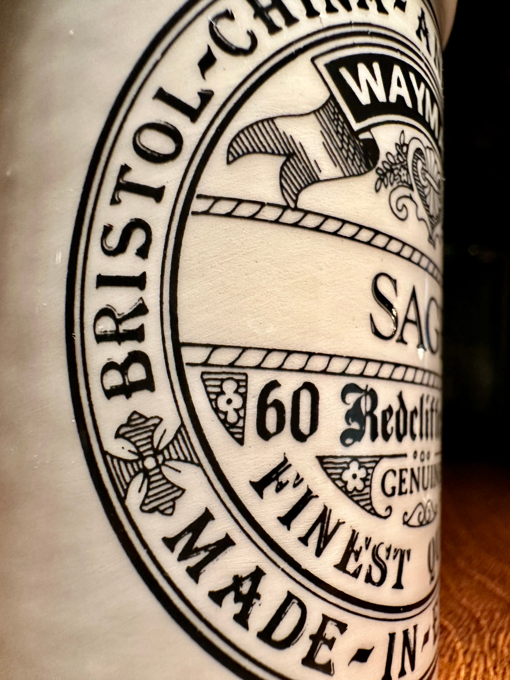 Antique English Apothecary Sage Jar with Lid, Waymans, c. 1890–1910