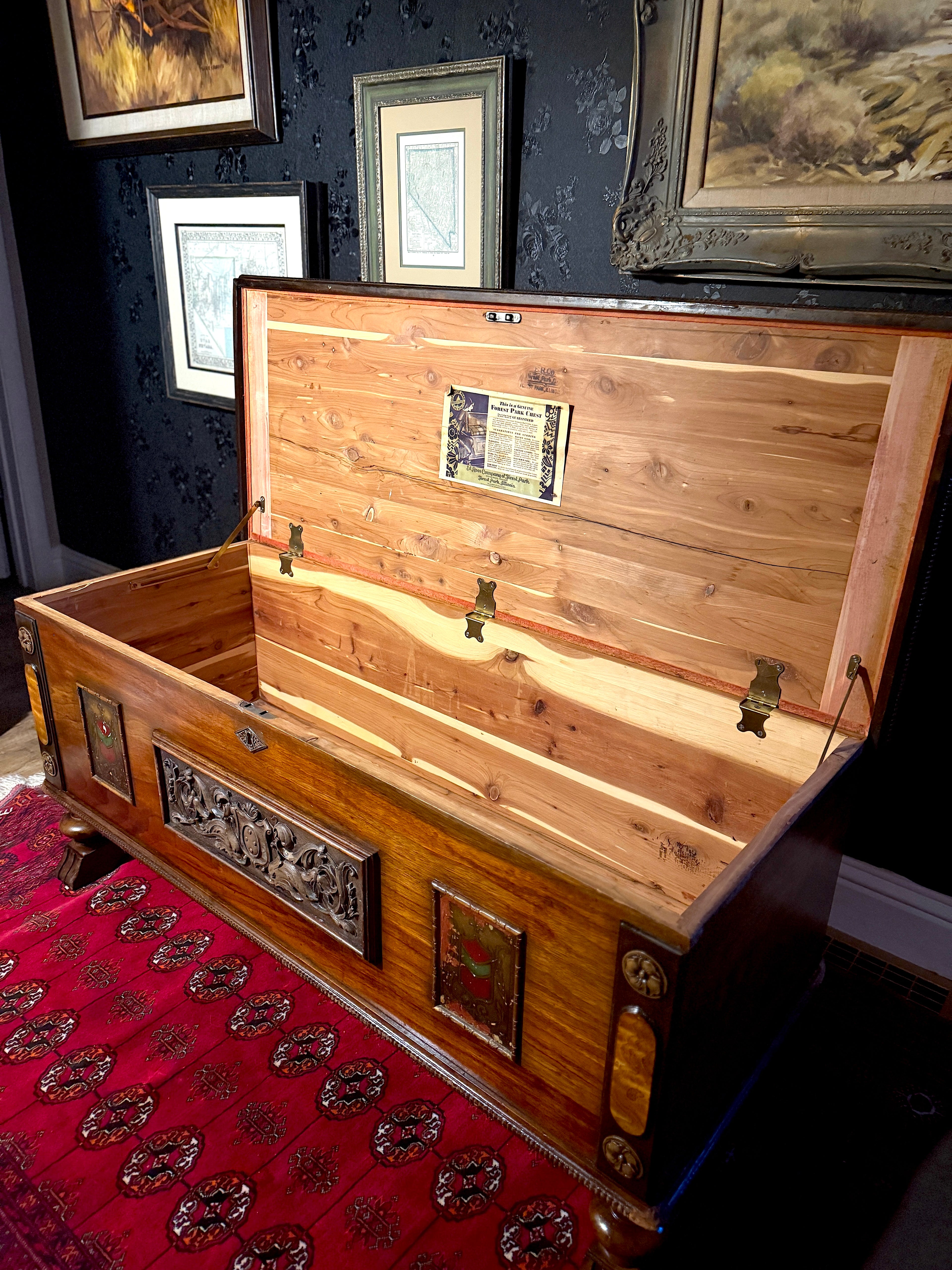 Ed Roos “Forest Park Chest” Neo-Renaissance Cedar Hope Chest, Forest Park IL, c.1925