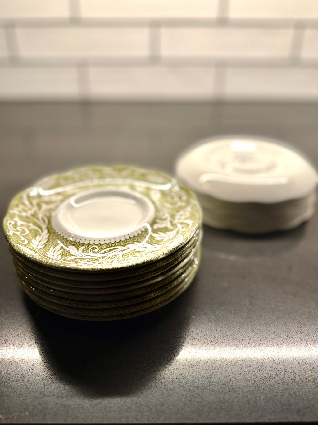 Set of 14 J & G Meakin “Renaissance” Green Ironstone Saucers – Mid-Century English Staffordshire Transferware, c 1950s