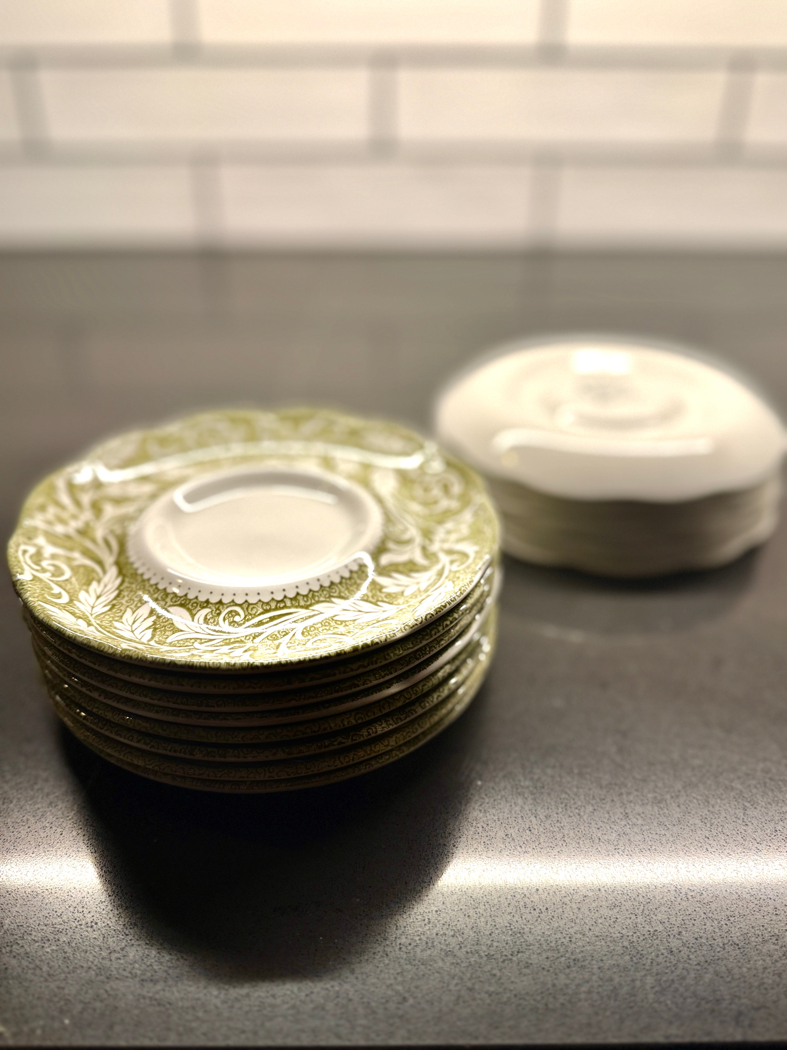 Set of 14 J & G Meakin “Renaissance” Green Ironstone Saucers – Mid-Century English Staffordshire Transferware, c 1950s