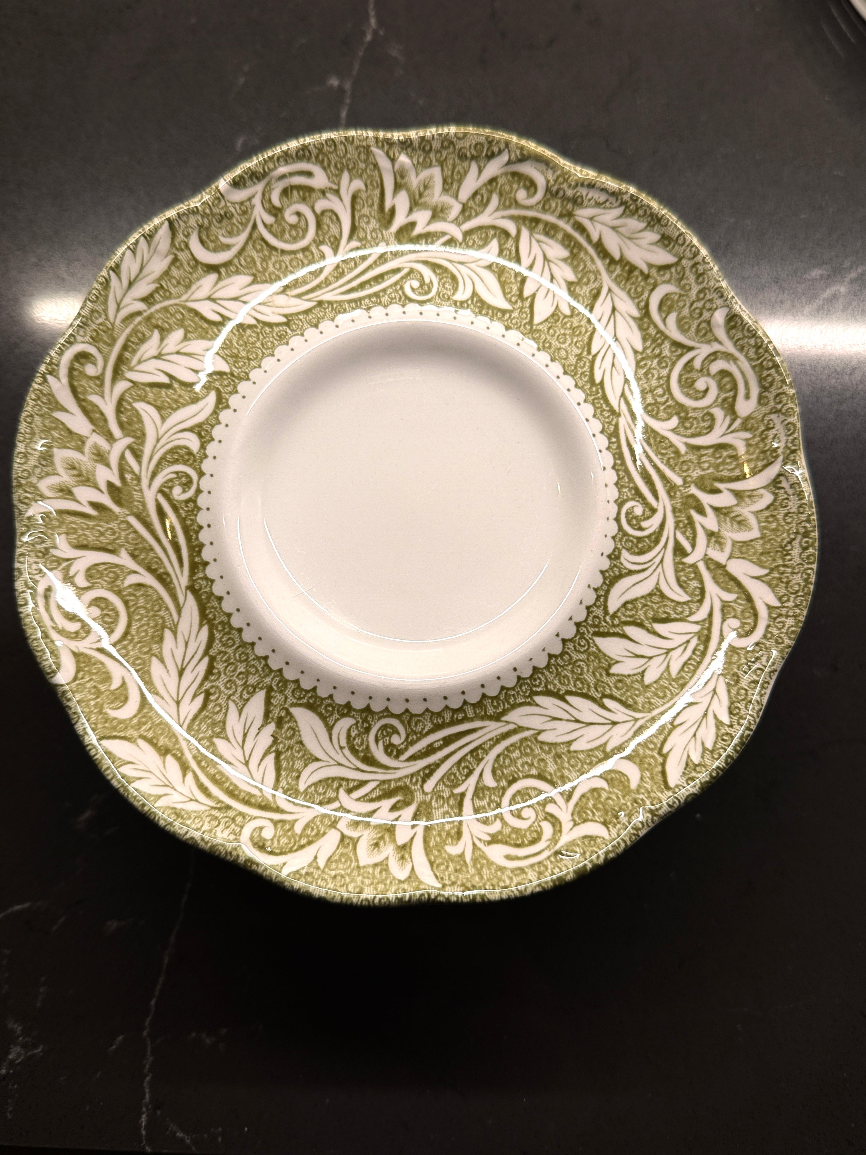 Set of 14 J & G Meakin “Renaissance” Green Ironstone Saucers – Mid-Century English Staffordshire Transferware, c 1950s