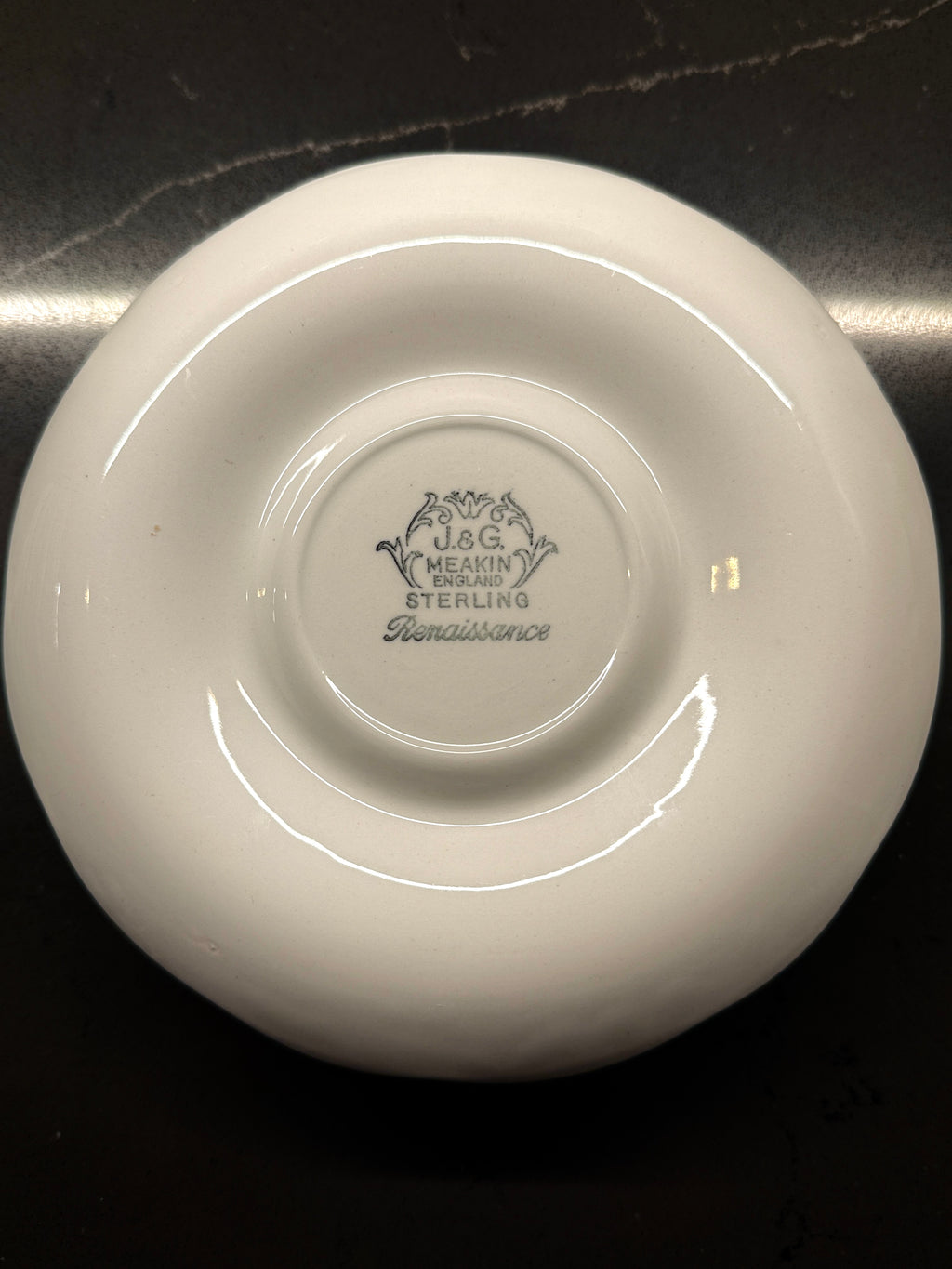 Set of 14 J & G Meakin “Renaissance” Green Ironstone Saucers – Mid-Century English Staffordshire Transferware, c 1950s