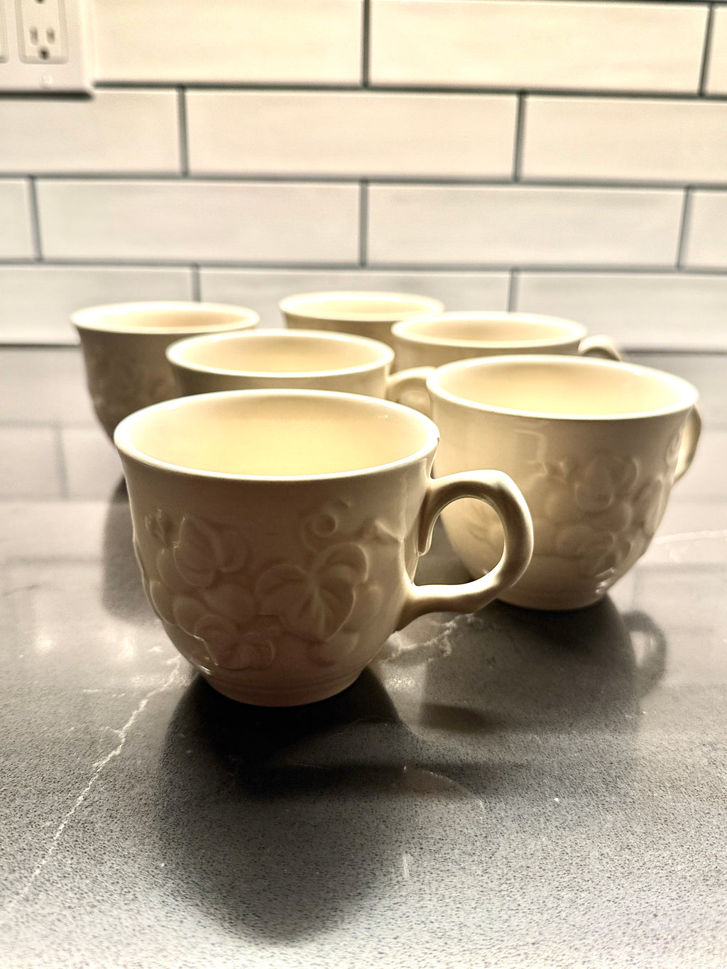 Embossed Ivory Creamware Tea Cups – Early 20th-Century Fruit & Floral Relief, c 1920's (Set Of 6)