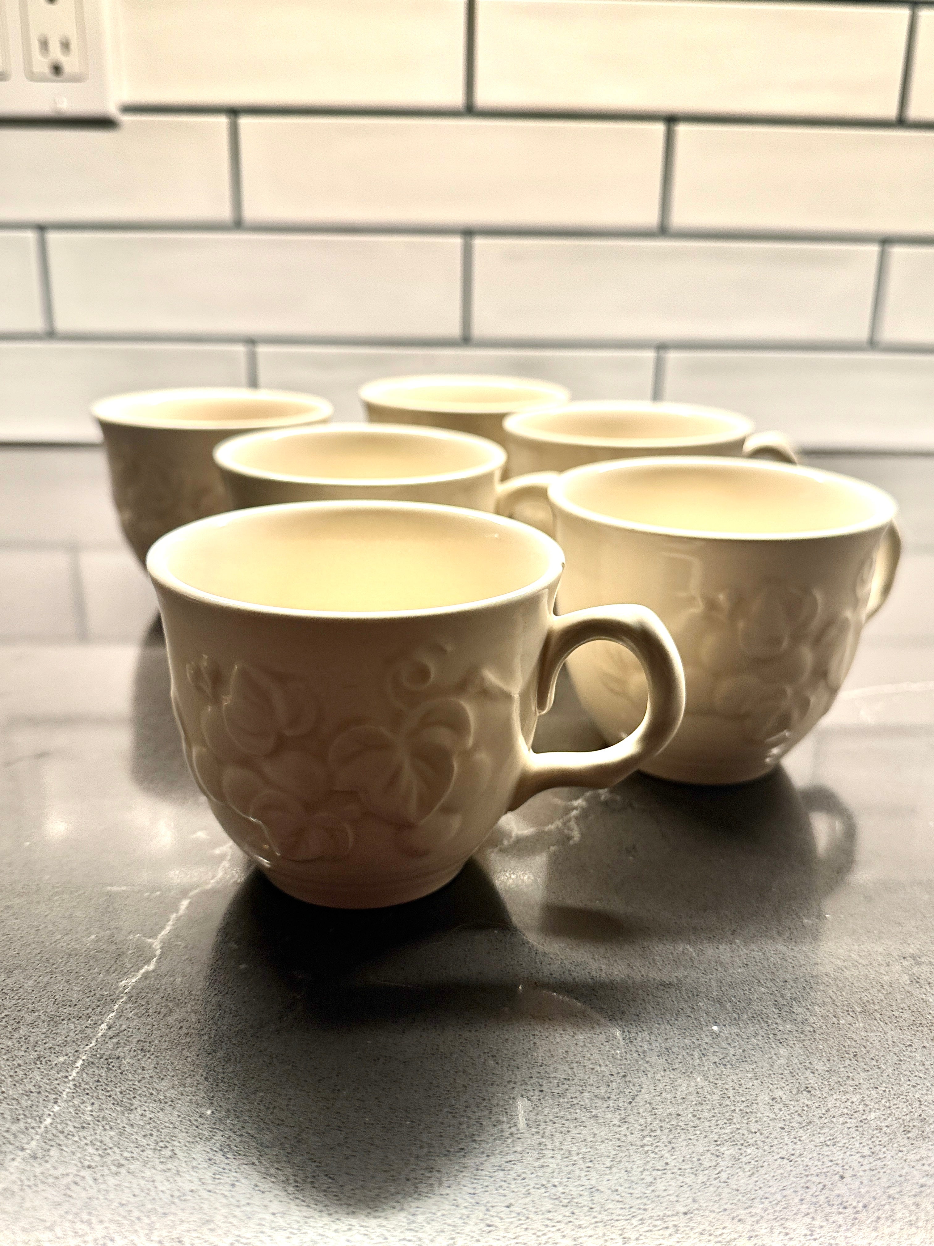 Embossed Ivory Creamware Tea Cups – Early 20th-Century Fruit & Floral Relief, c 1920's (Set Of 6)