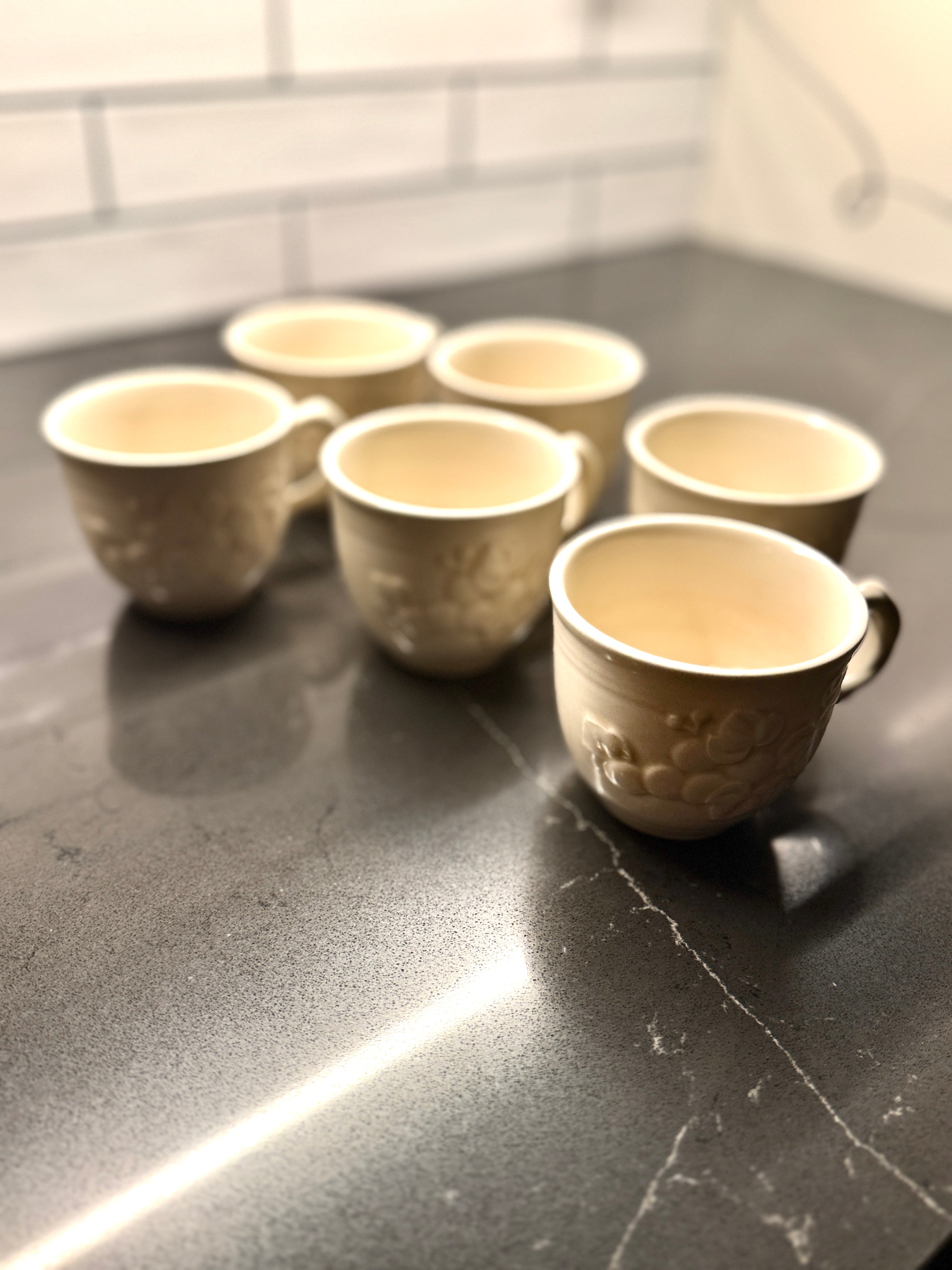 Embossed Ivory Creamware Tea Cups – Early 20th-Century Fruit & Floral Relief, c 1920's (Set Of 6)