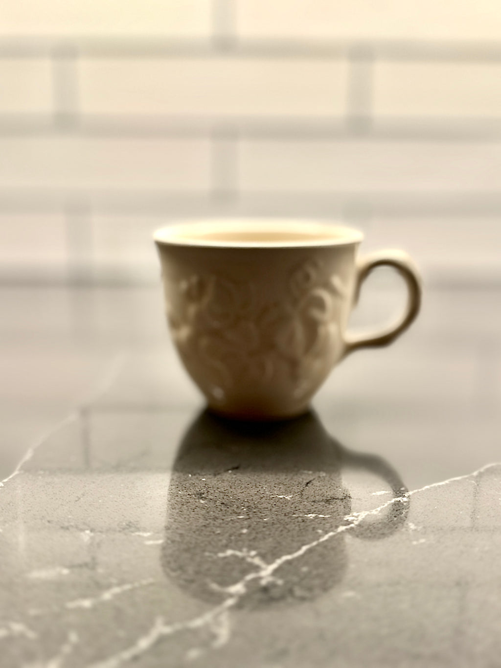 Embossed Ivory Creamware Tea Cups – Early 20th-Century Fruit & Floral Relief, c 1920's (Set Of 6)