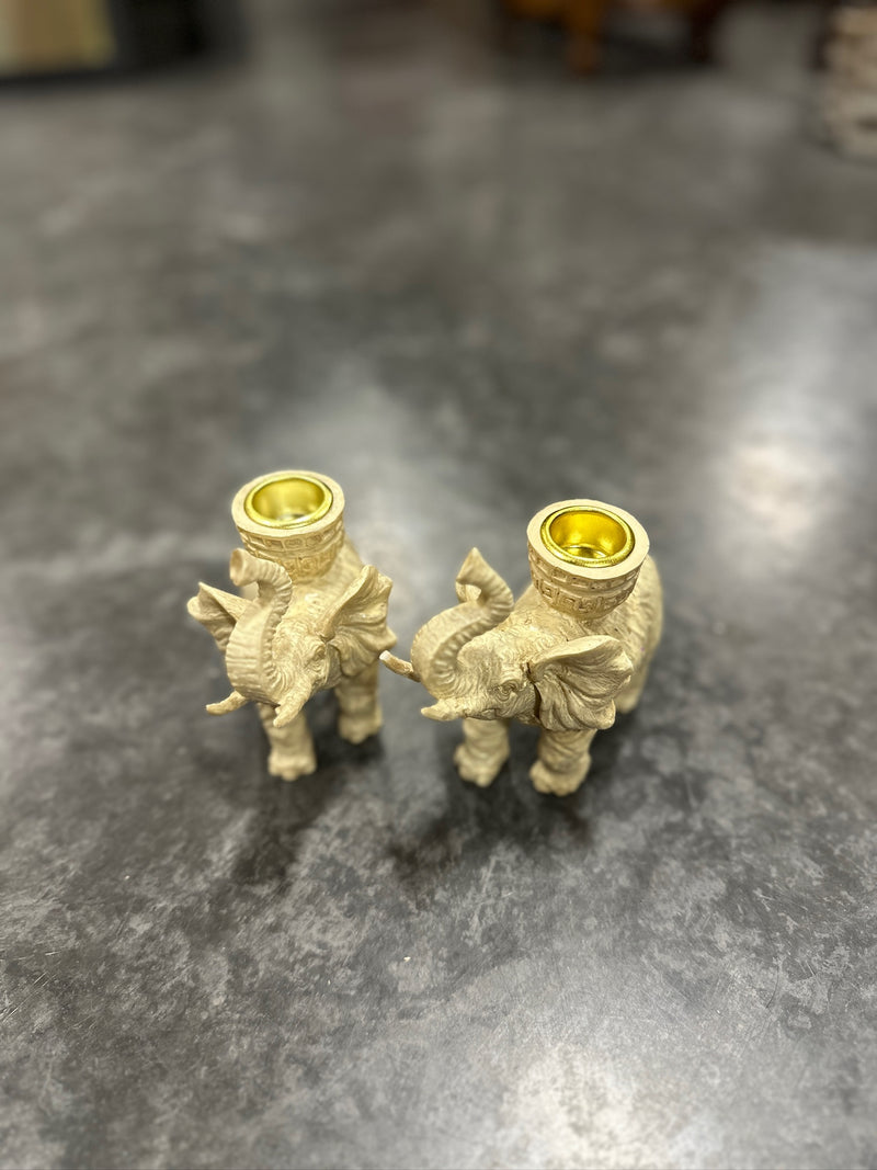 Pair of Cast Resin Elephant Candle Holders, Trunks Raised, Greek Key Howdahs with Gilt Metal Cups, Faux-Ivory Finish, c. 1990–2020
