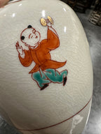 Small Japanese Aka-e Porcelain Jar Painted with Karako at Play, Iron-Red Lotus Scroll Border over Allover Kannyu Crackle, c. 1890–1940