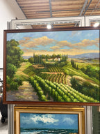 The Vineyard at Dusk, Italianate Landscape Oil On Canvas Painting, 20th Century Unsigned