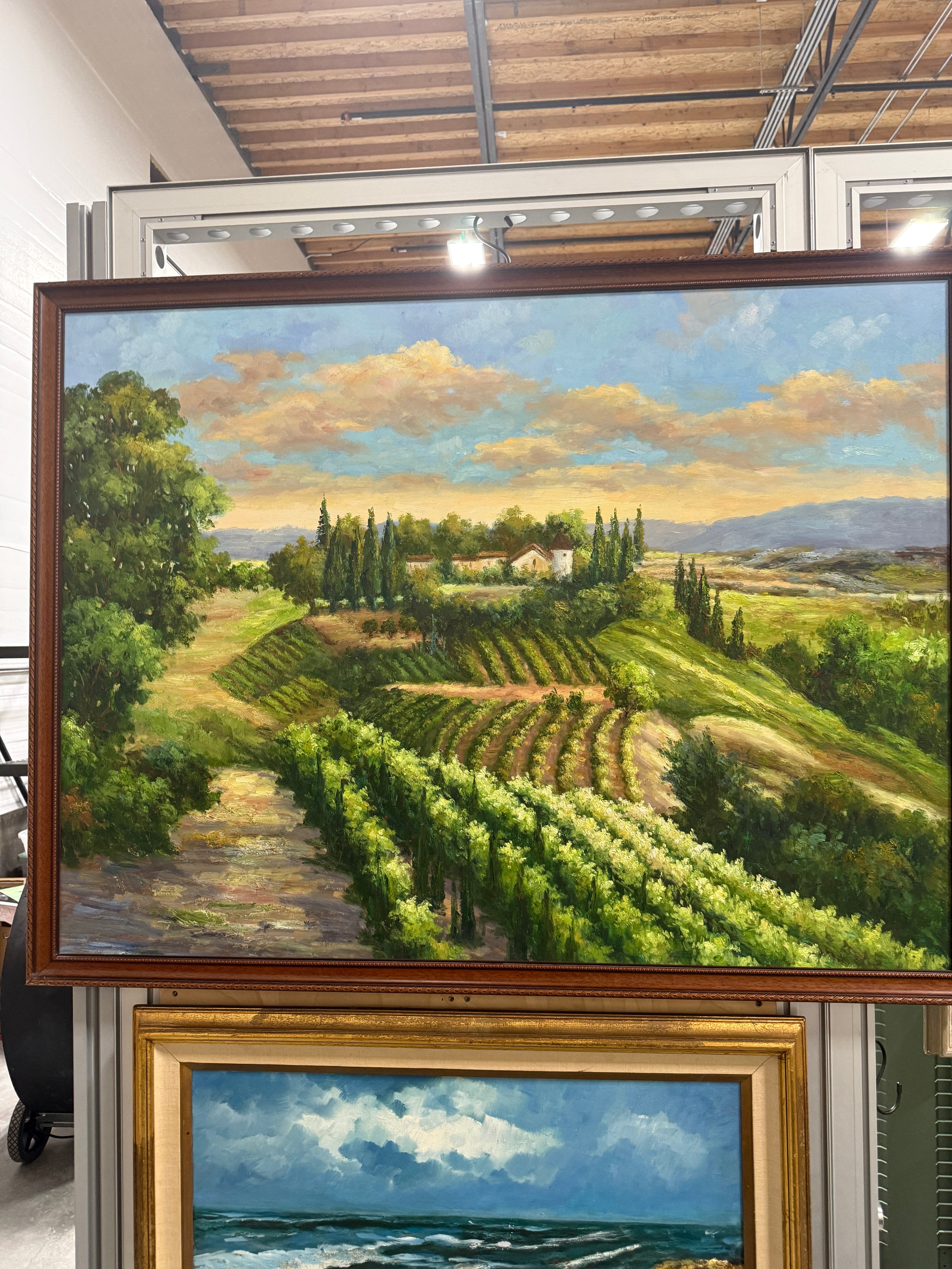 The Vineyard at Dusk, Italianate Landscape Oil On Canvas Painting, 20th Century Unsigned