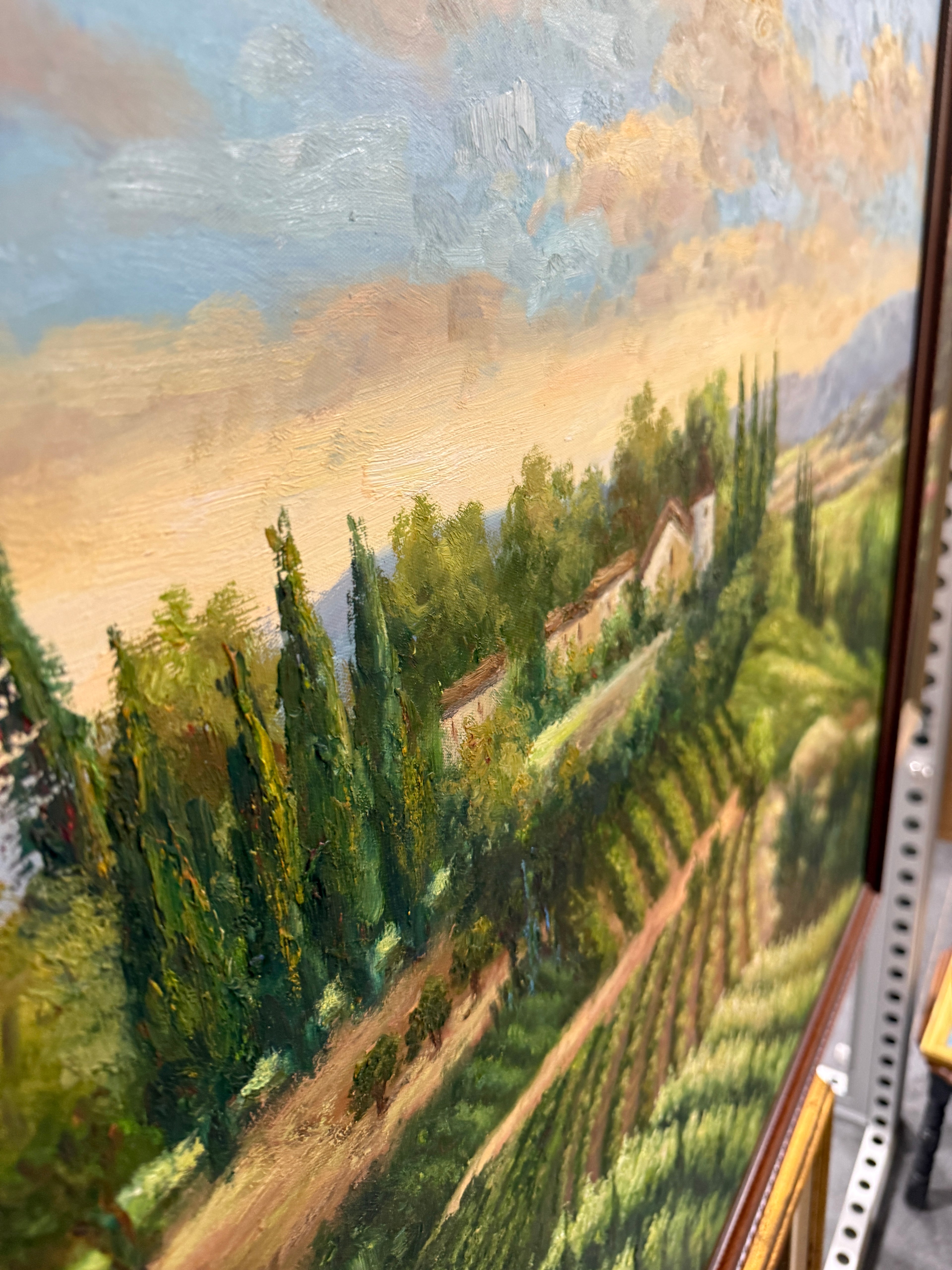 The Vineyard at Dusk, Italianate Landscape Oil On Canvas Painting, 20th Century Unsigned