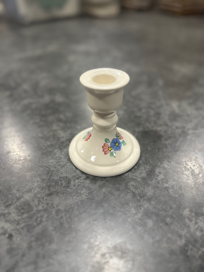 Hand-Painted Ceramic Candlestick with Pink and Blue Flower Spray, Painter's Palette Marks to the Base, Lasting Products Inc., American, c. 1955–1975